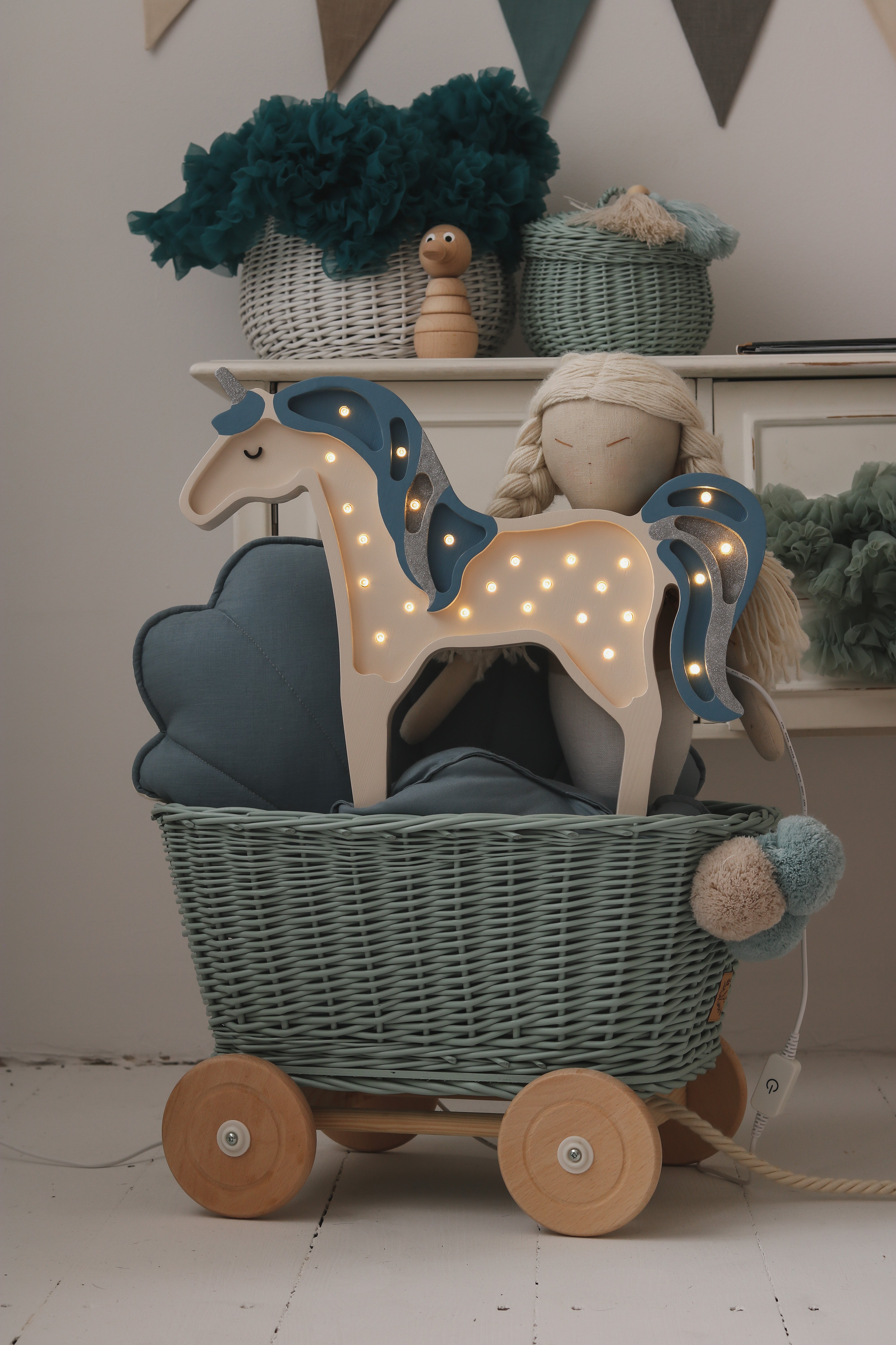 Denim Glitter unicorn lamp by Little Lights, sparkly wooden LED gift for girls