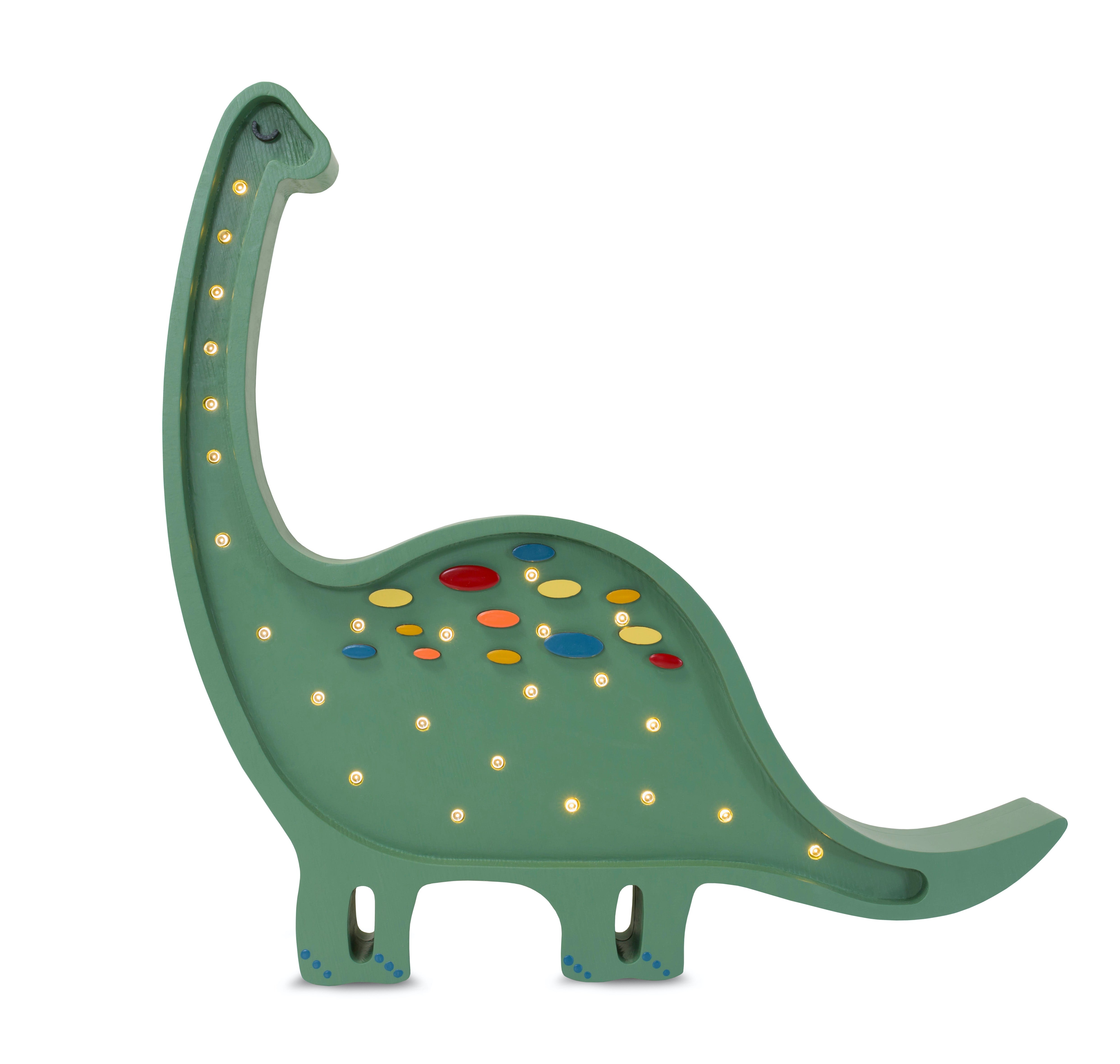 Confetti Green Dino Diplodocus Lamp – handmade wooden night light for kids