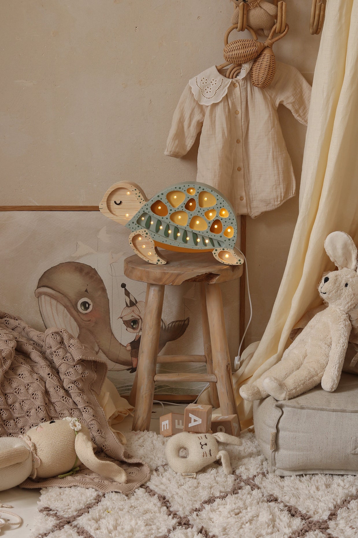 Handmade wooden turtle night light in Galapagos Sage by Little Lights, dimmable LED with remote