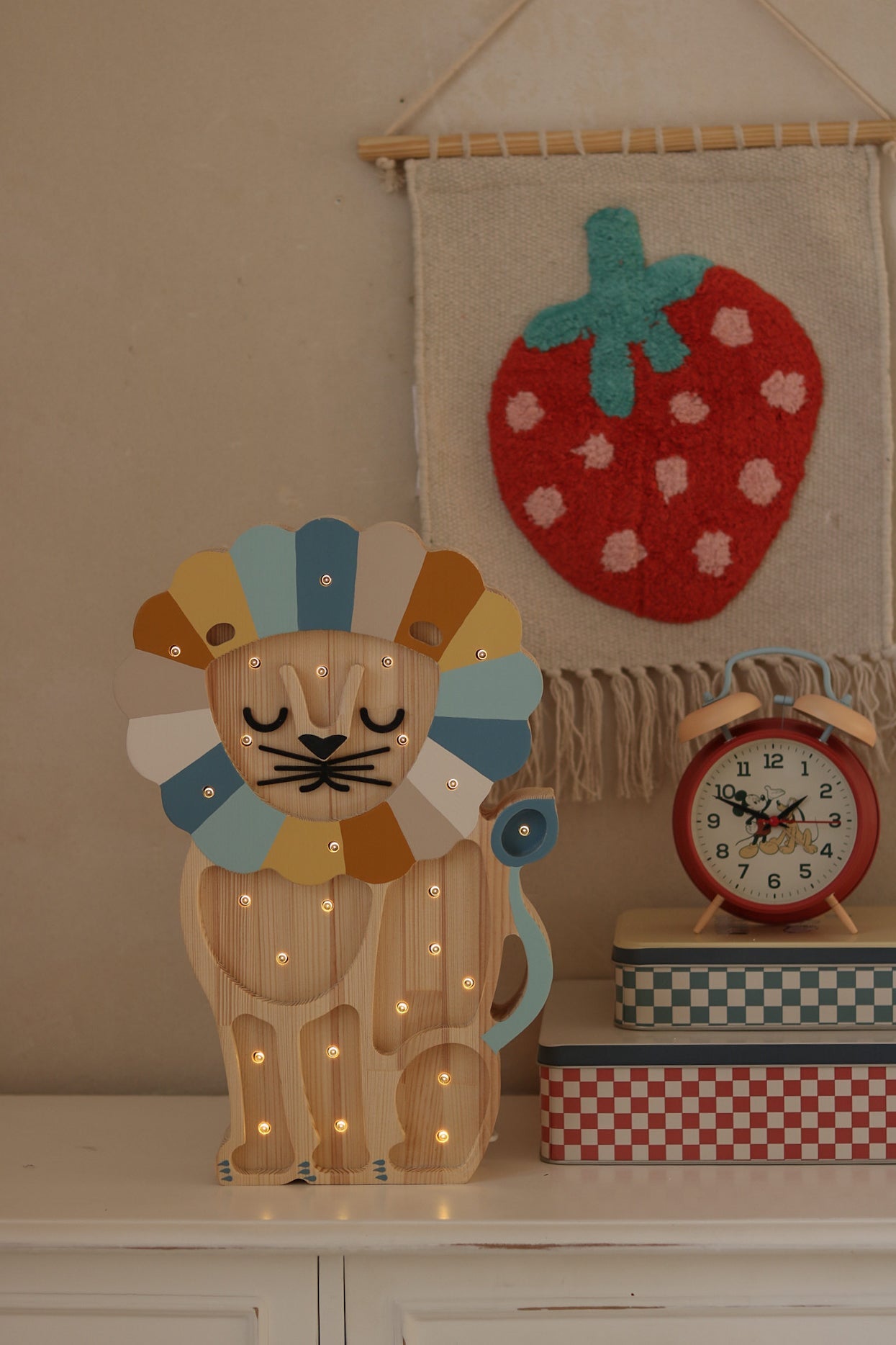 Handcrafted Lion Lamp in Denim Rainbow – dimmable wooden night light for children