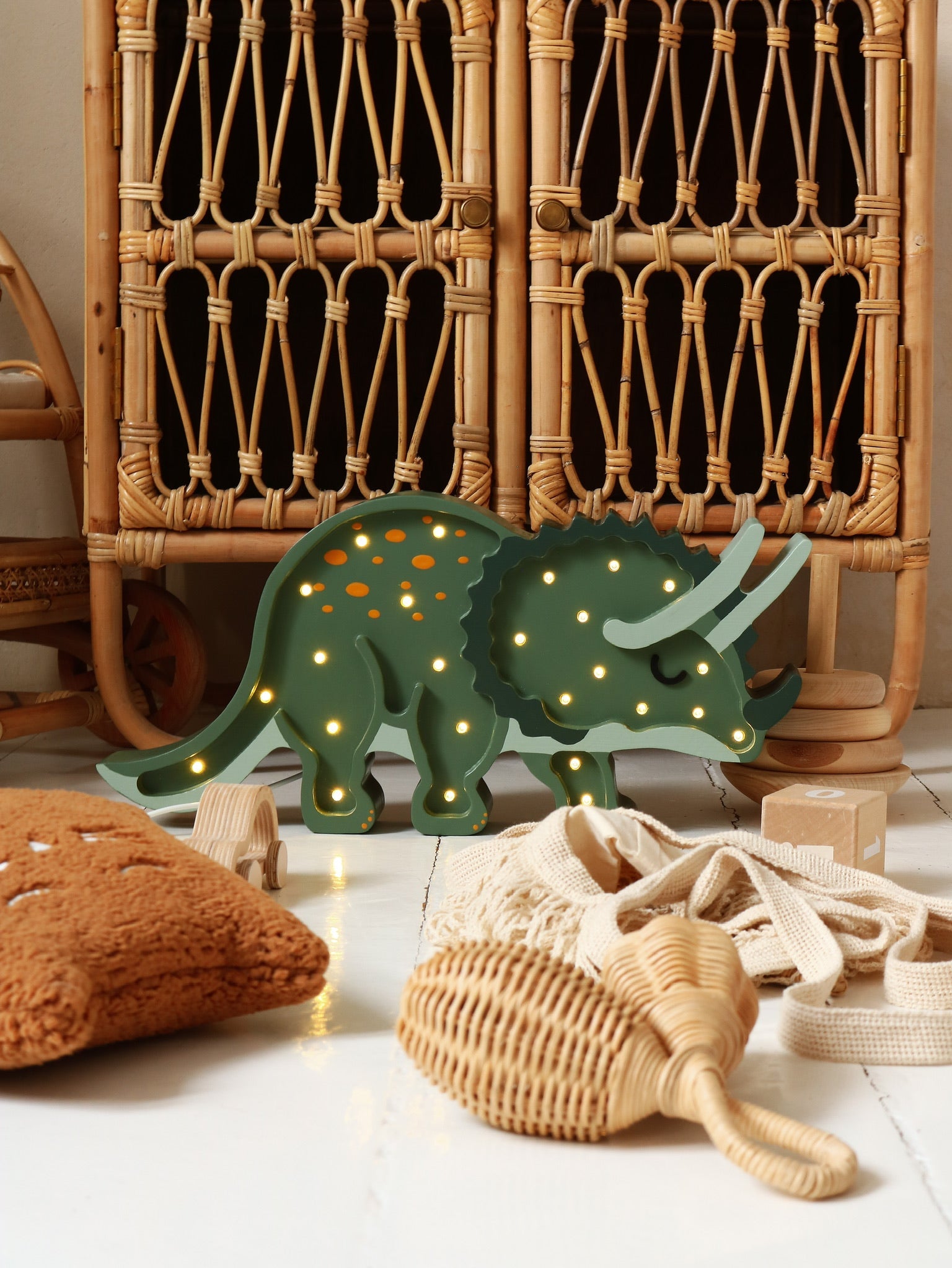 Handmade wooden dinosaur lamp in Military Green, Little Lights dimmable LED baby gift