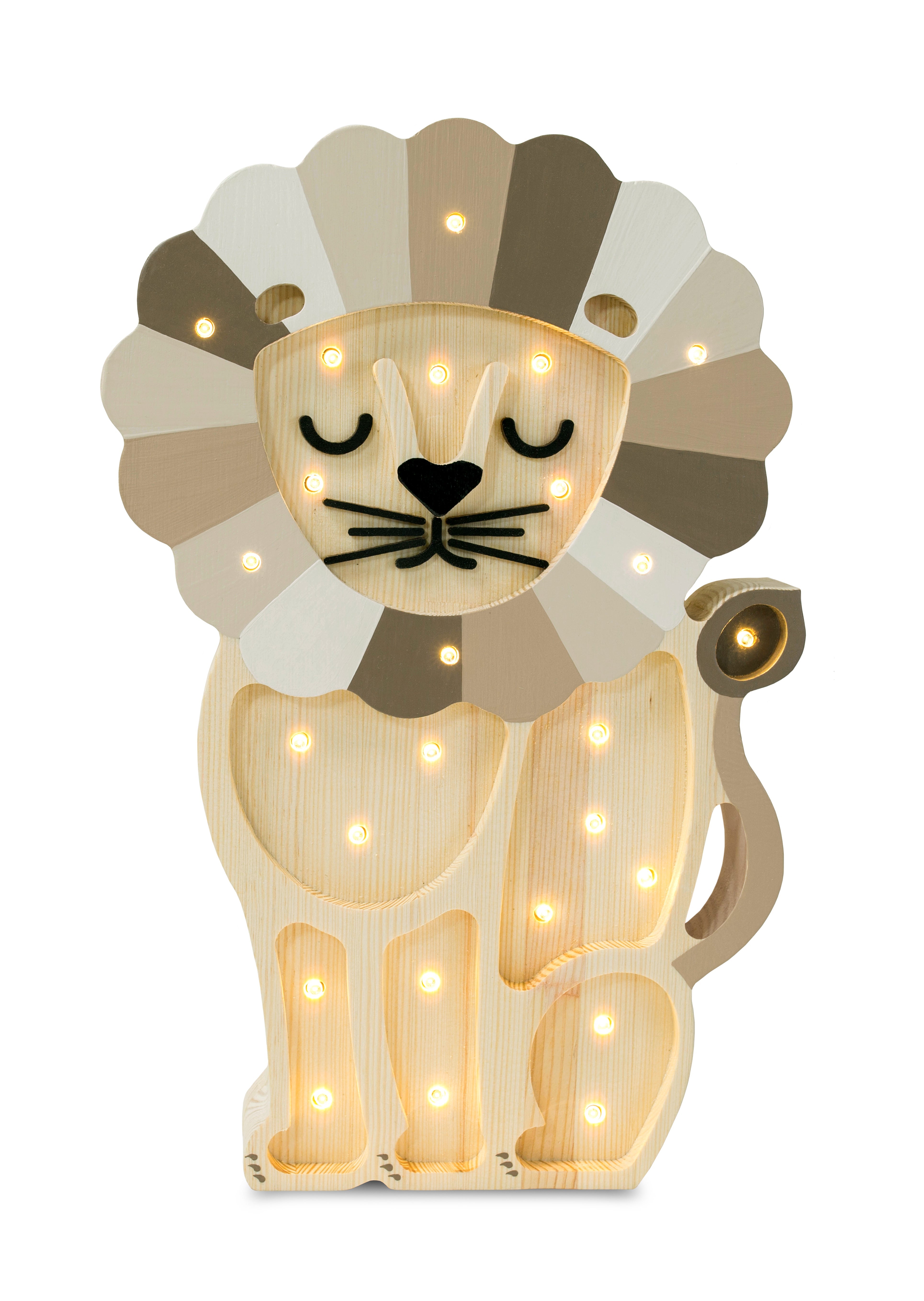 Little Lights Lion Lamp in Cappuccino Rainbow – handmade wooden nursery lamp, dimmable and remote-controlled