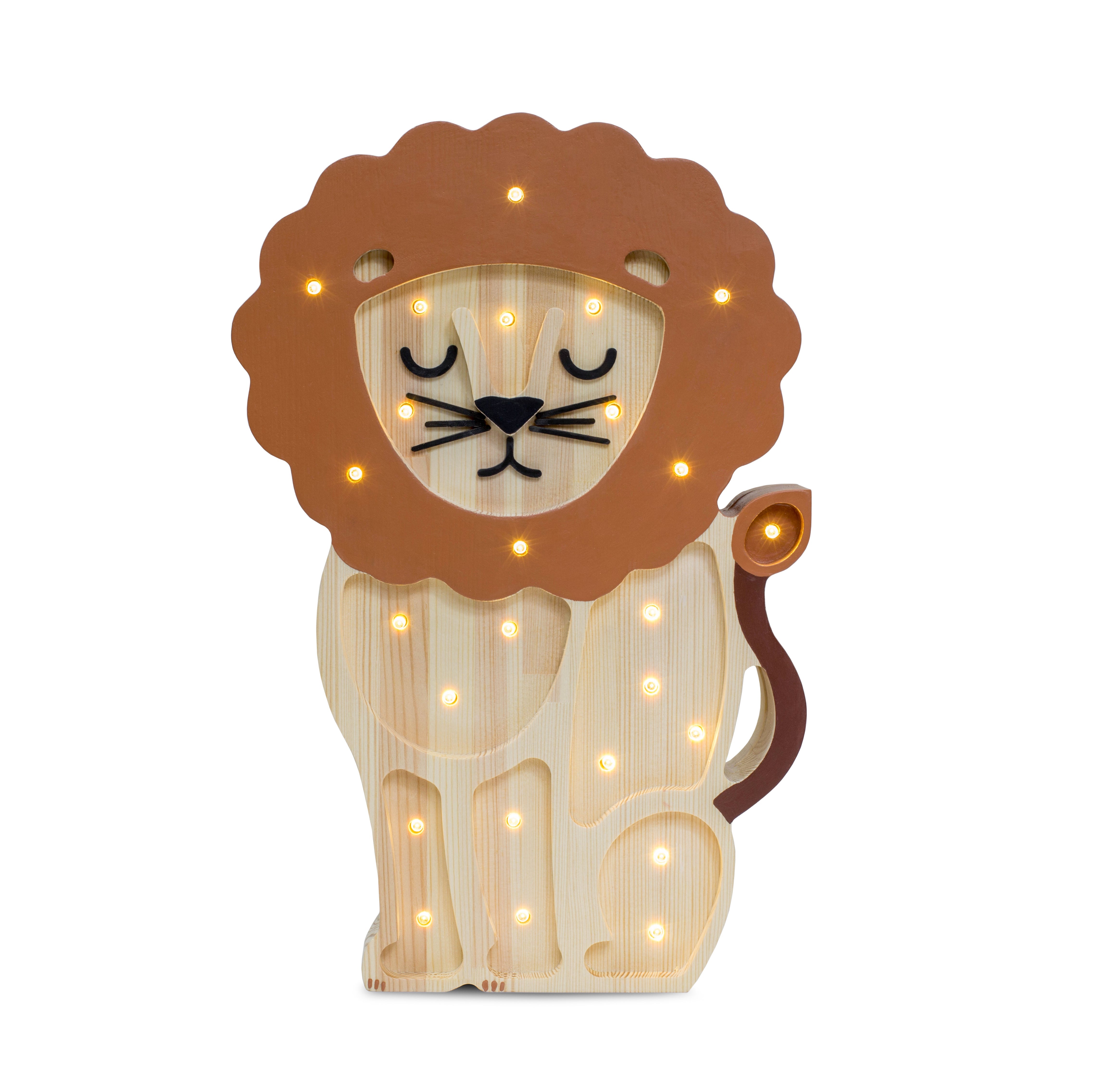 Little Lights Lion Lamp in Serengeti Wood – handmade wooden nursery lamp, dimmable and remote-controlled