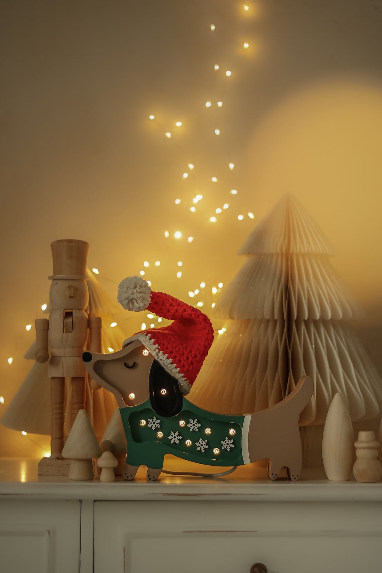 Little Lights Mini Puppy Lamp Christmas Snowflake — dimmable wooden LED lamp with remote, a sweet handmade holiday gift for babies