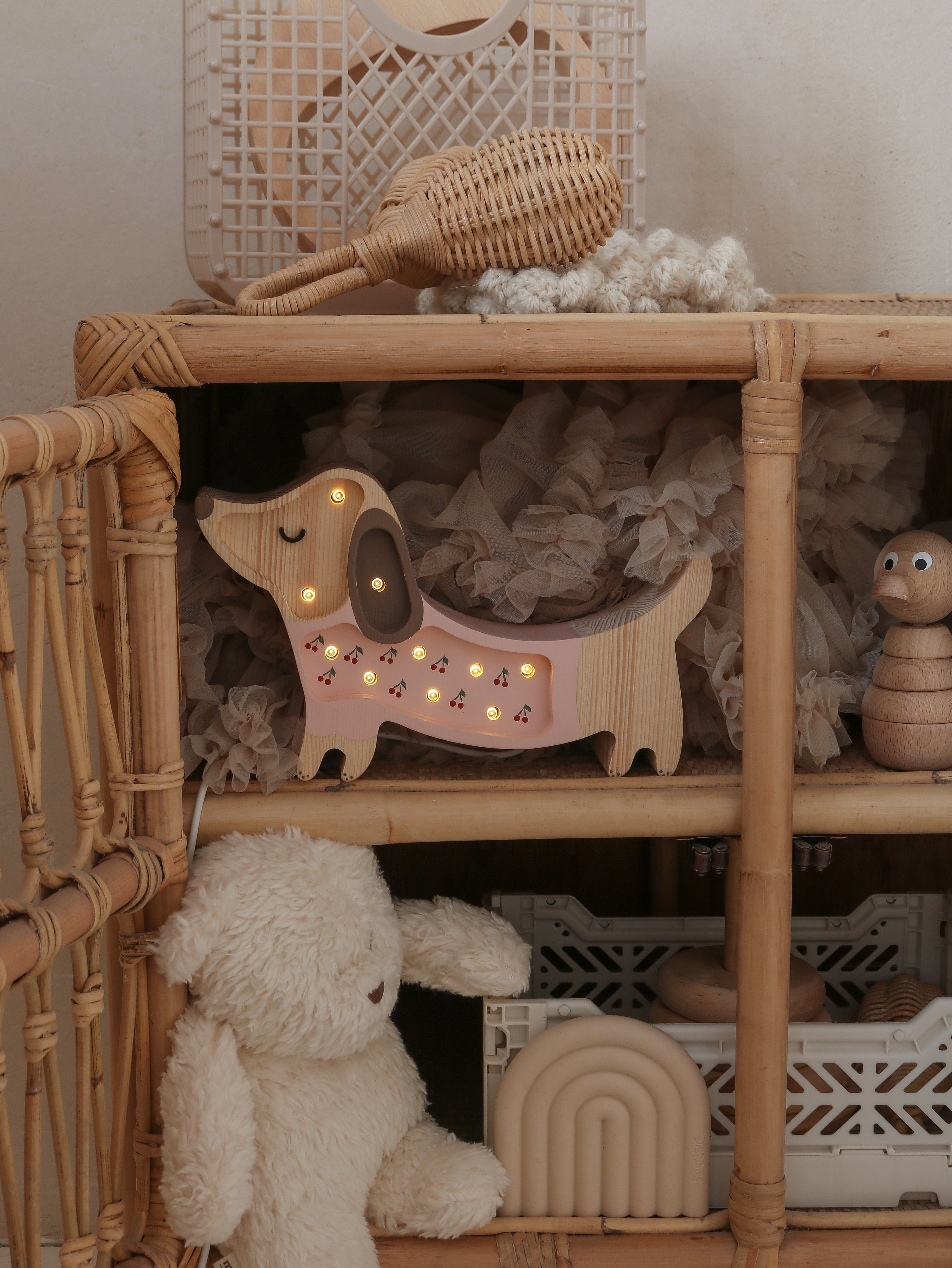 Little Lights Mini Puppy Lamp Cherries on Pink — wooden LED nursery lamp, handmade and perfect for gifting