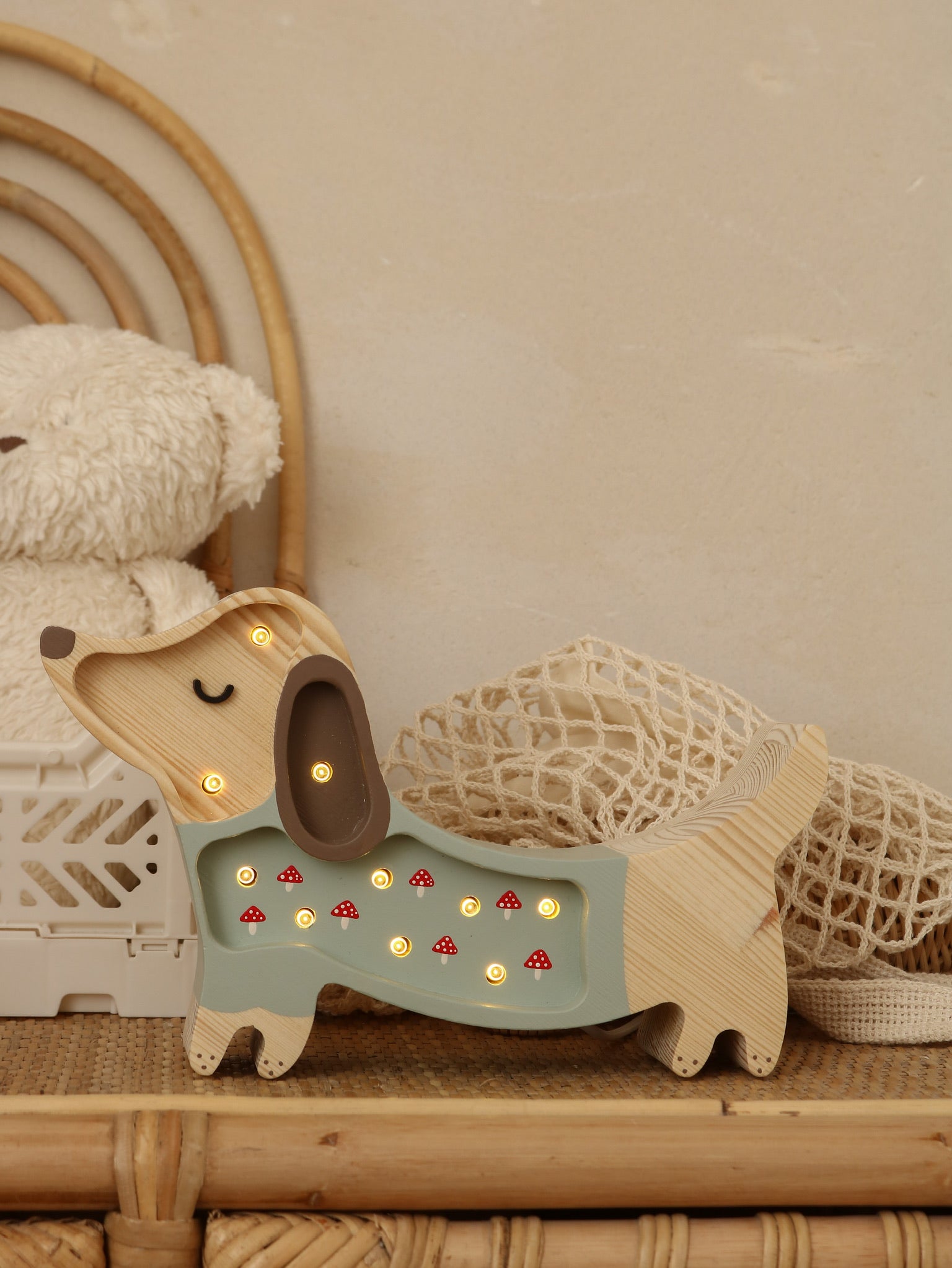 Little Lights Mini Puppy Mushrooms on Green — wooden LED night light for woodland baby rooms