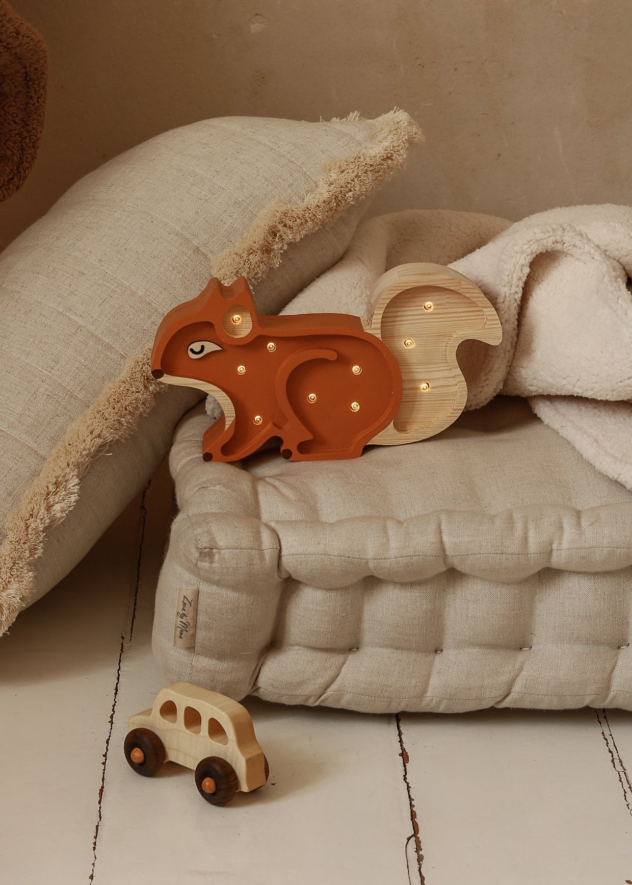 Little Lights Mini Squirrel Lamp — wooden LED lamp with remote control and dimmer, adorable woodland-themed nursery night light