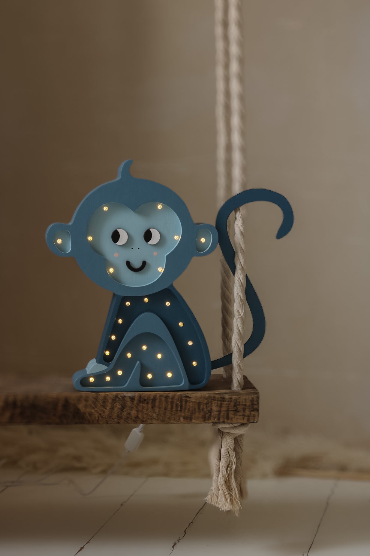 Little Lights Cobalt Blue Monkey Lamp — wooden LED night light perfect for colorful kids’ rooms