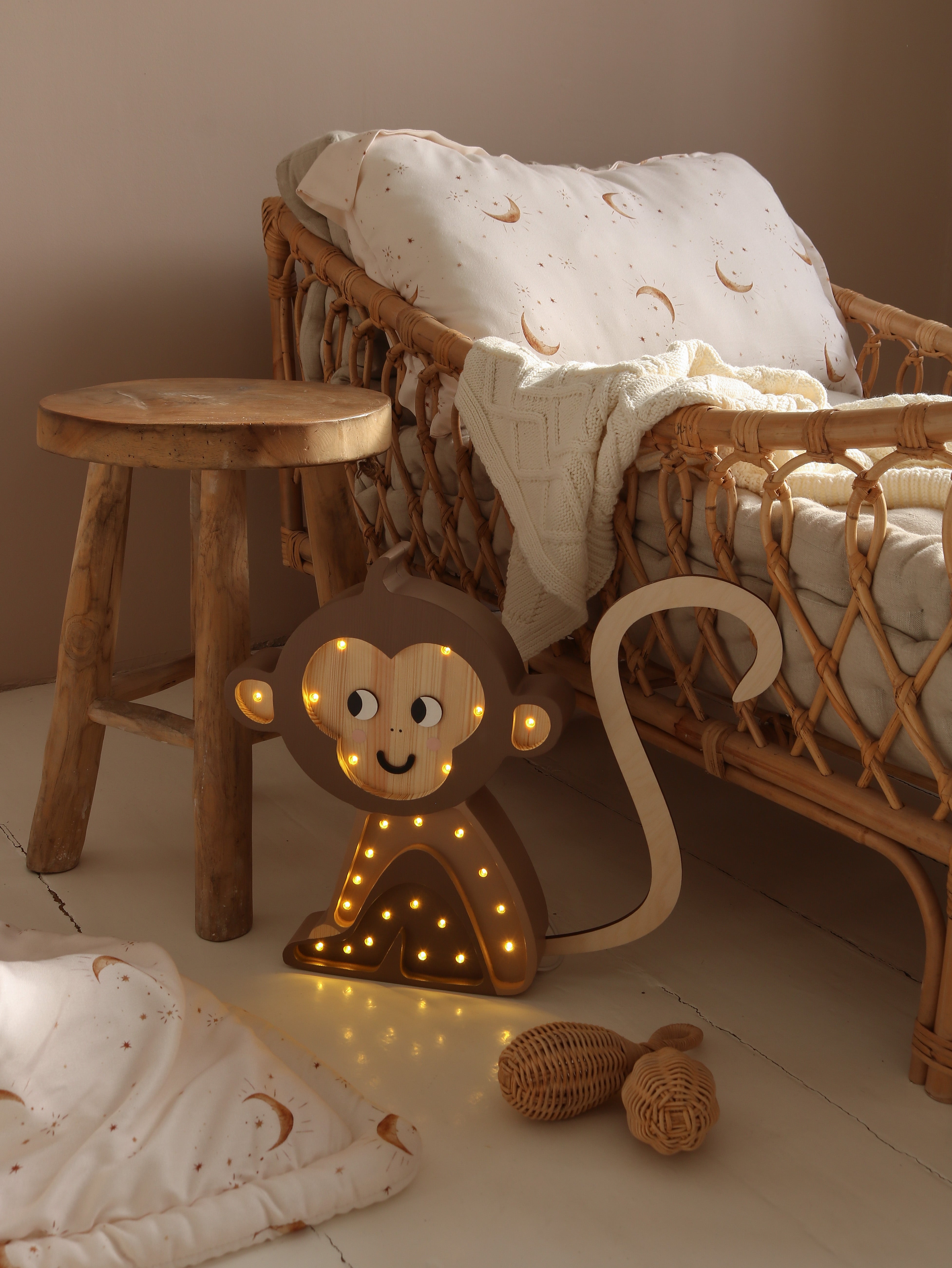 Little Lights Jungle Brown Monkey Lamp — dimmable wooden LED lamp for playful kids’ room nighttime comfort