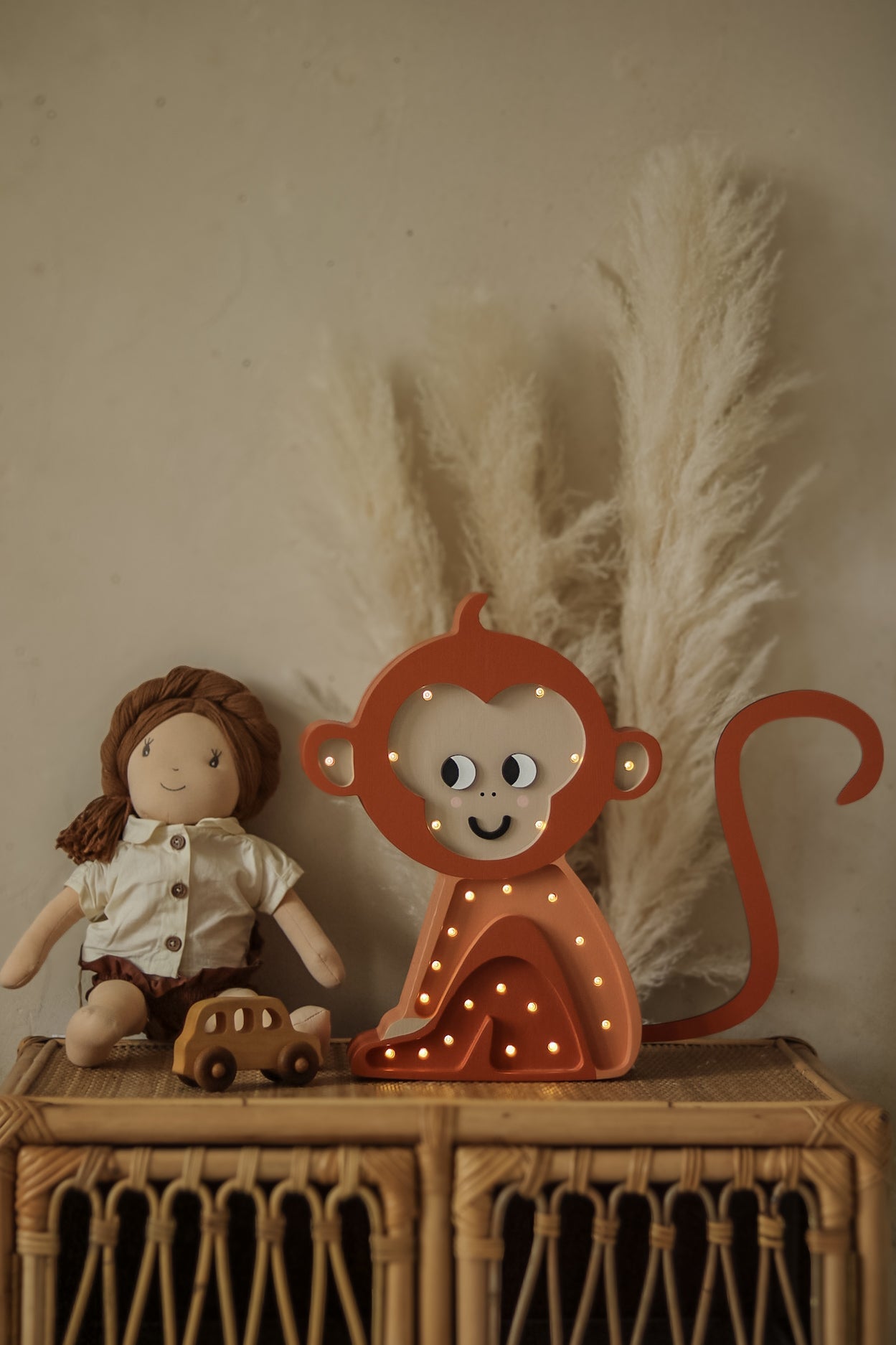 Little Lights Tangerine Leaf Monkey Lamp — wooden LED night light for vibrant jungle-themed baby rooms