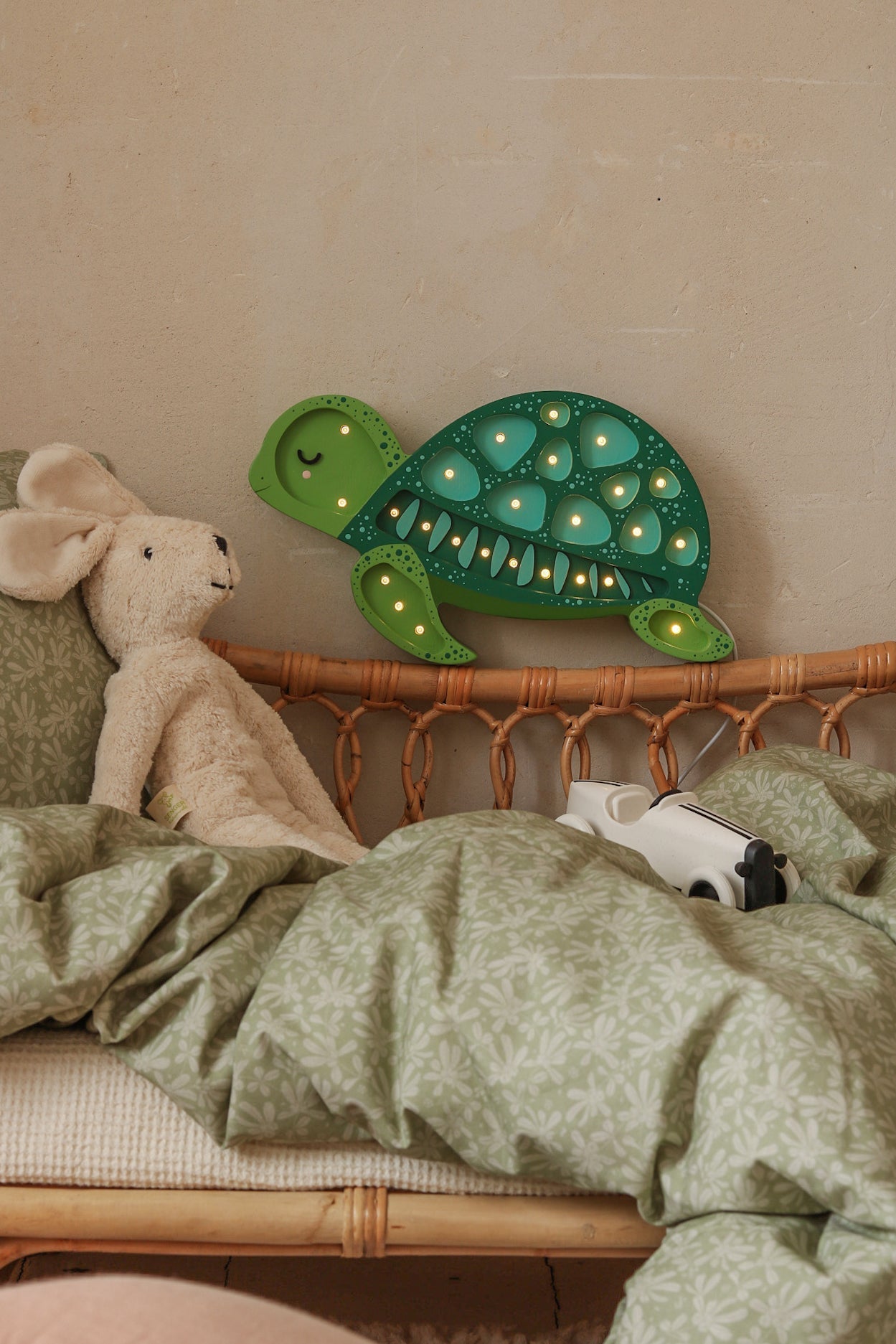 Ocean Green wooden turtle lamp by Little Lights, dimmable LED and remote