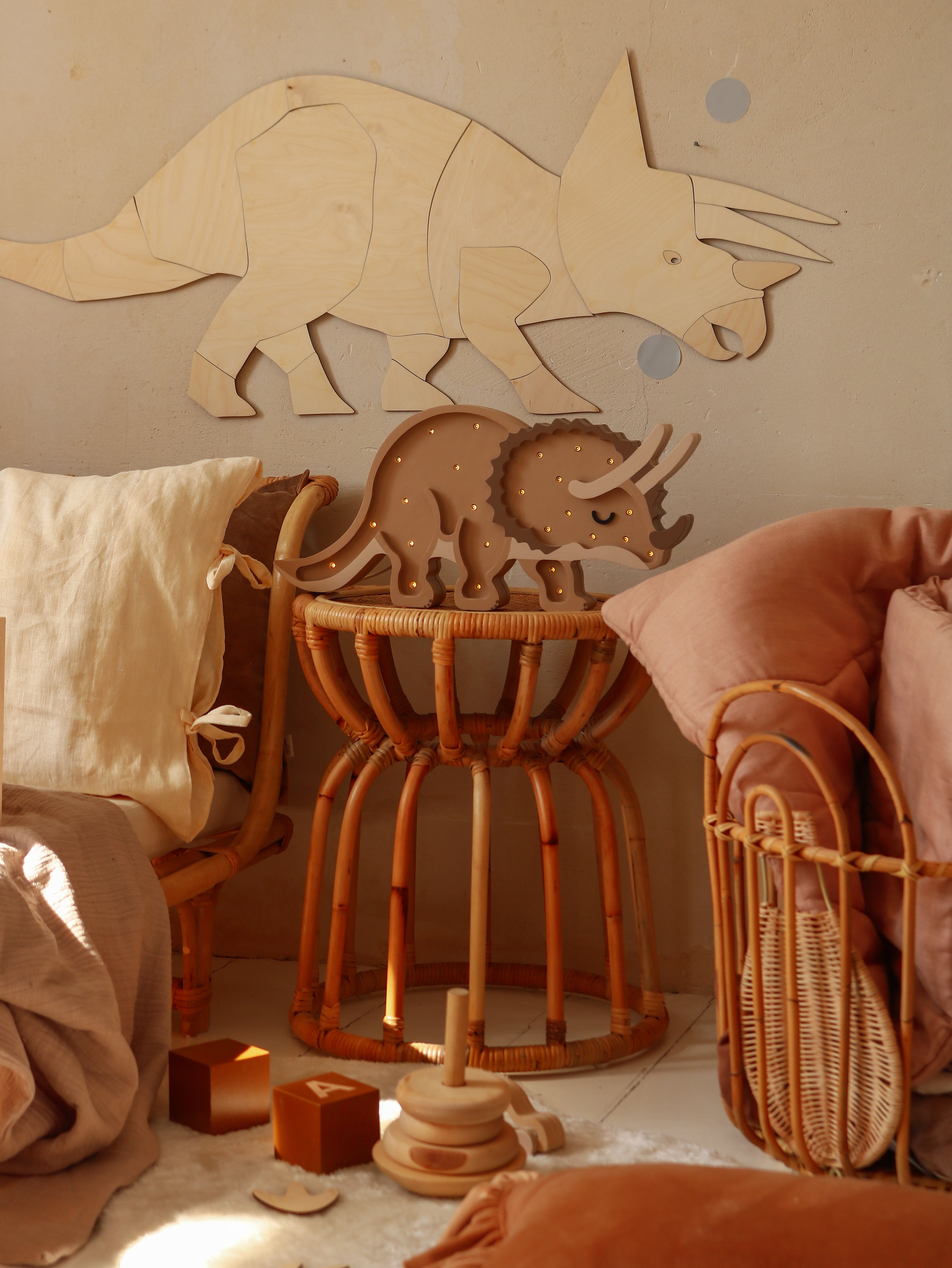 Wooden Triceratops Lamp in soft Paleo Sand by Little Lights, dimmable LED with remote