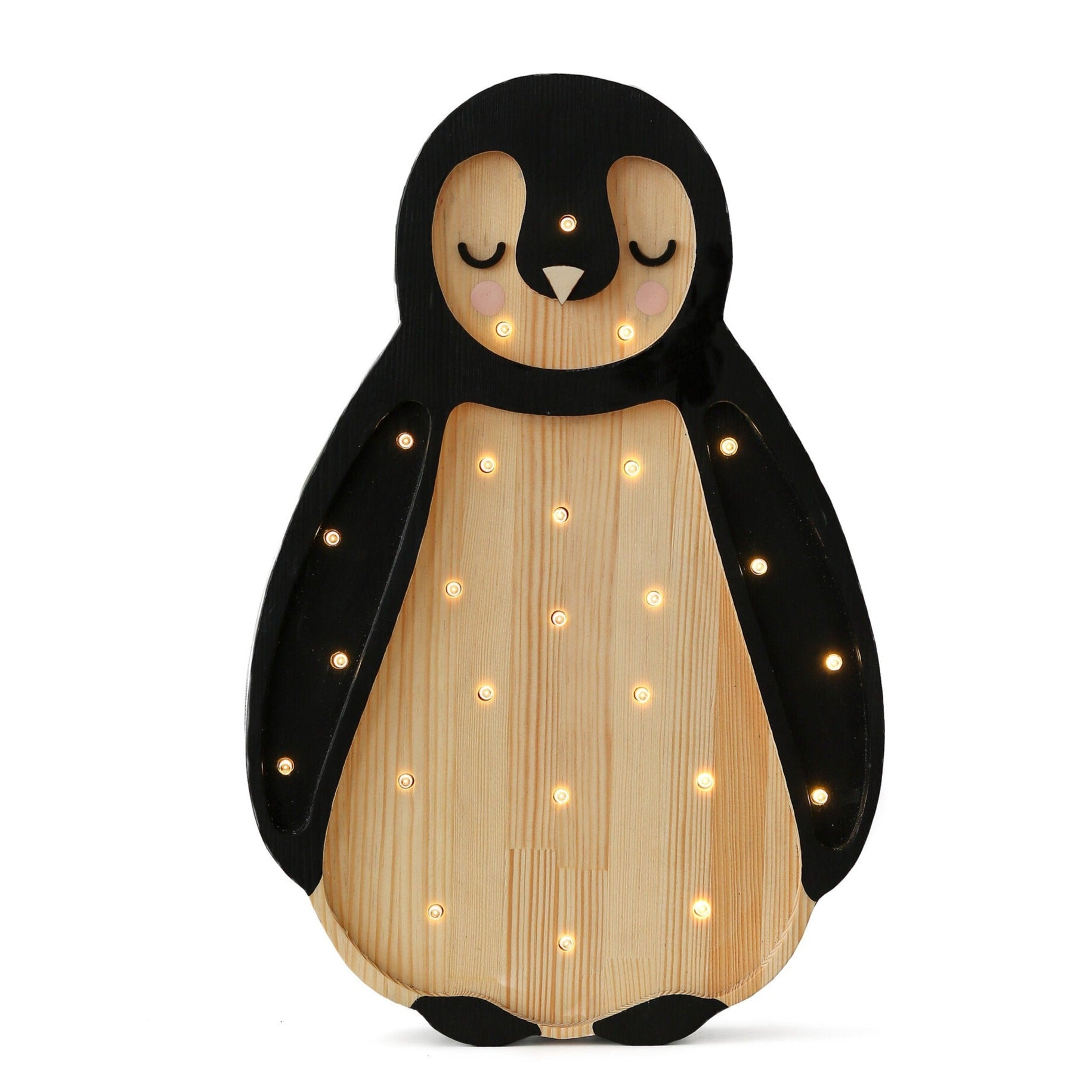Little Lights handmade Penguin Lamp in Arctic Wood, wooden dimmable LED nightlight with remote; nursery gift