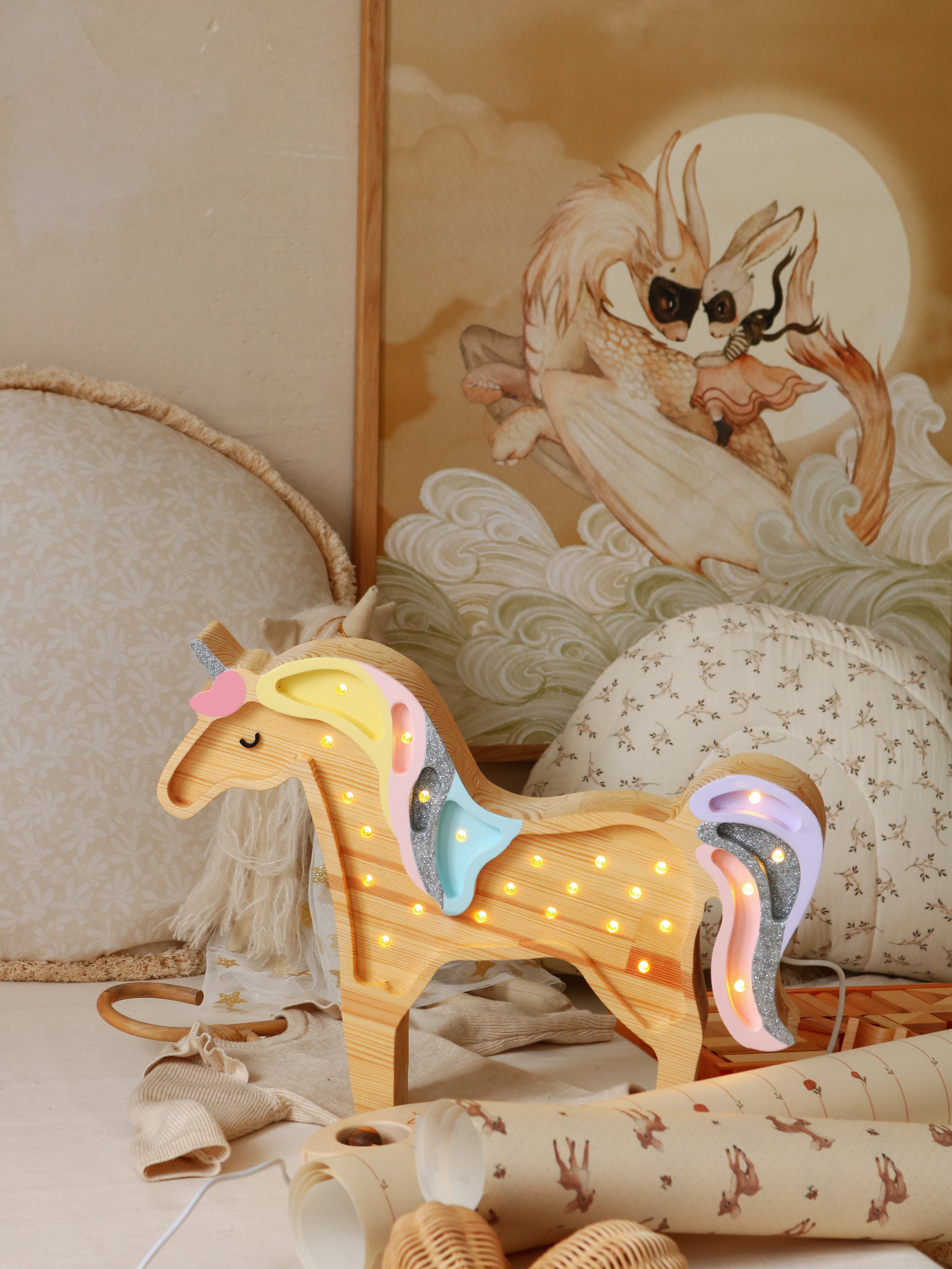 Rainbow Wood unicorn nursery lamp, soft LED wooden décor for girls