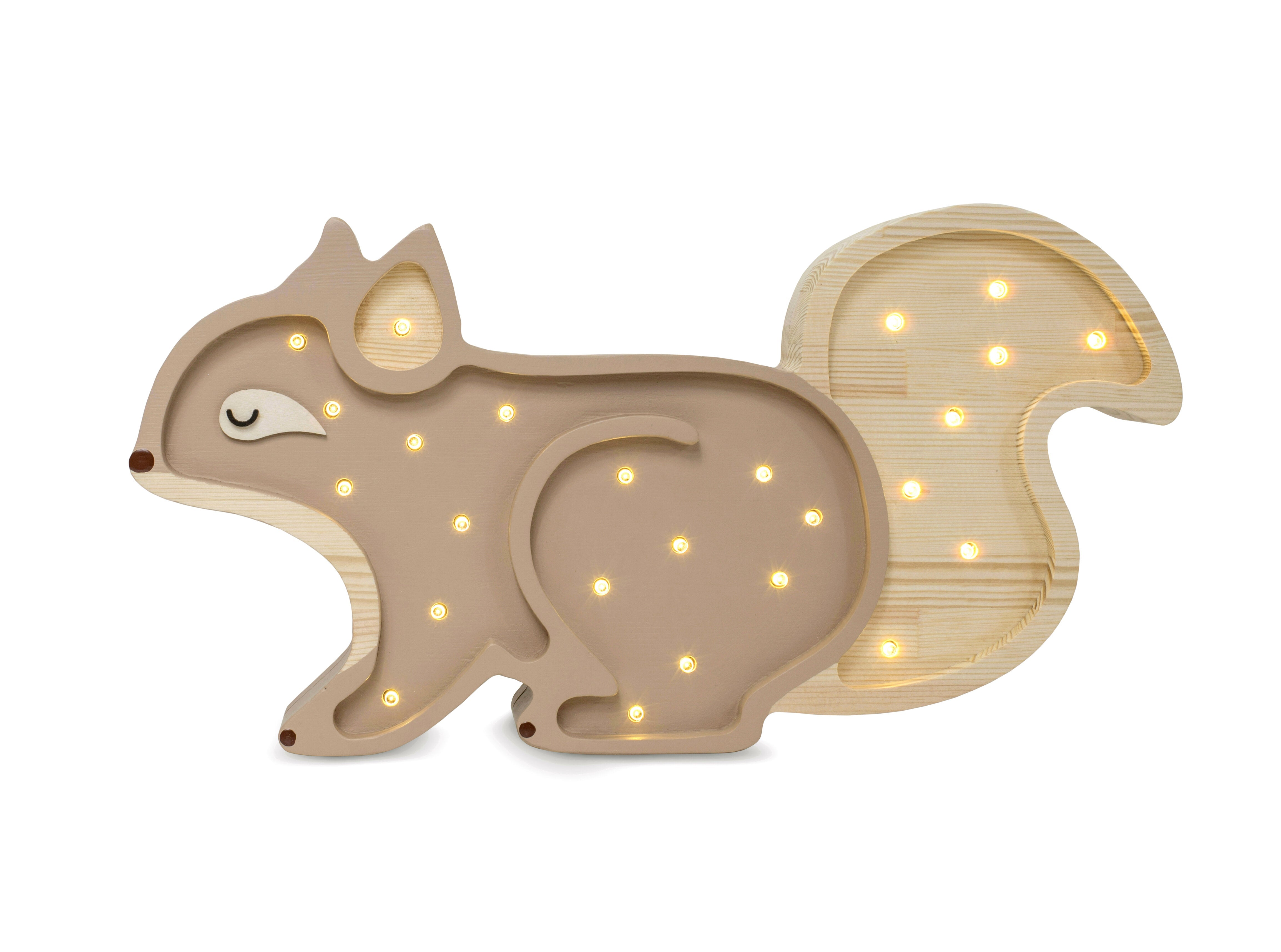 Little Lights Squirrel Lamp in Cappuccino, handmade wooden dimmable LED night light with remote for kids