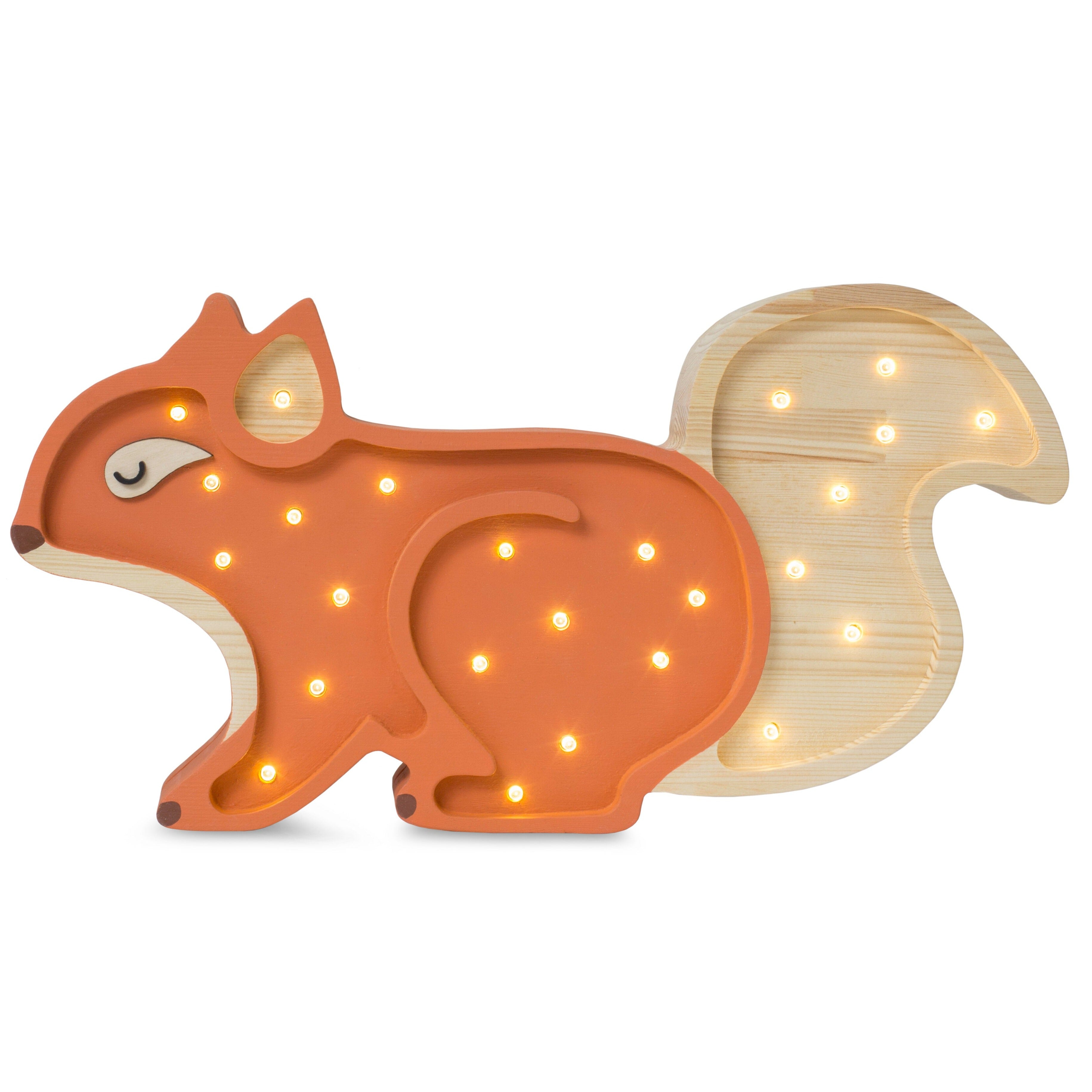 Little Lights Squirrel Lamp in Ginger Wood, handmade wooden dimmable LED lamp with remote for nurseries
