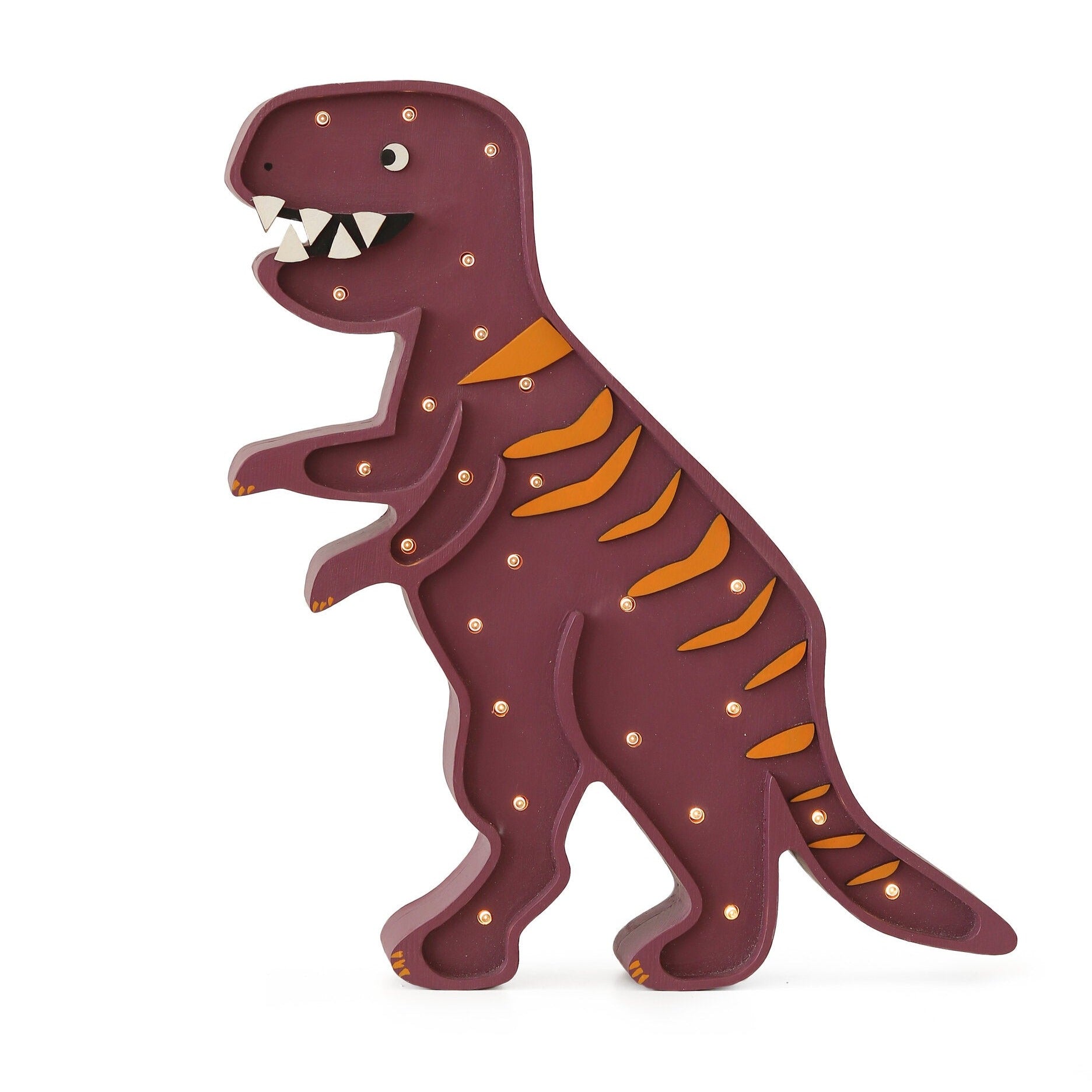 Little Lights T-Rex Lamp in Maroon Jane, handmade wooden dimmable LED lamp with remote for nursery décor.