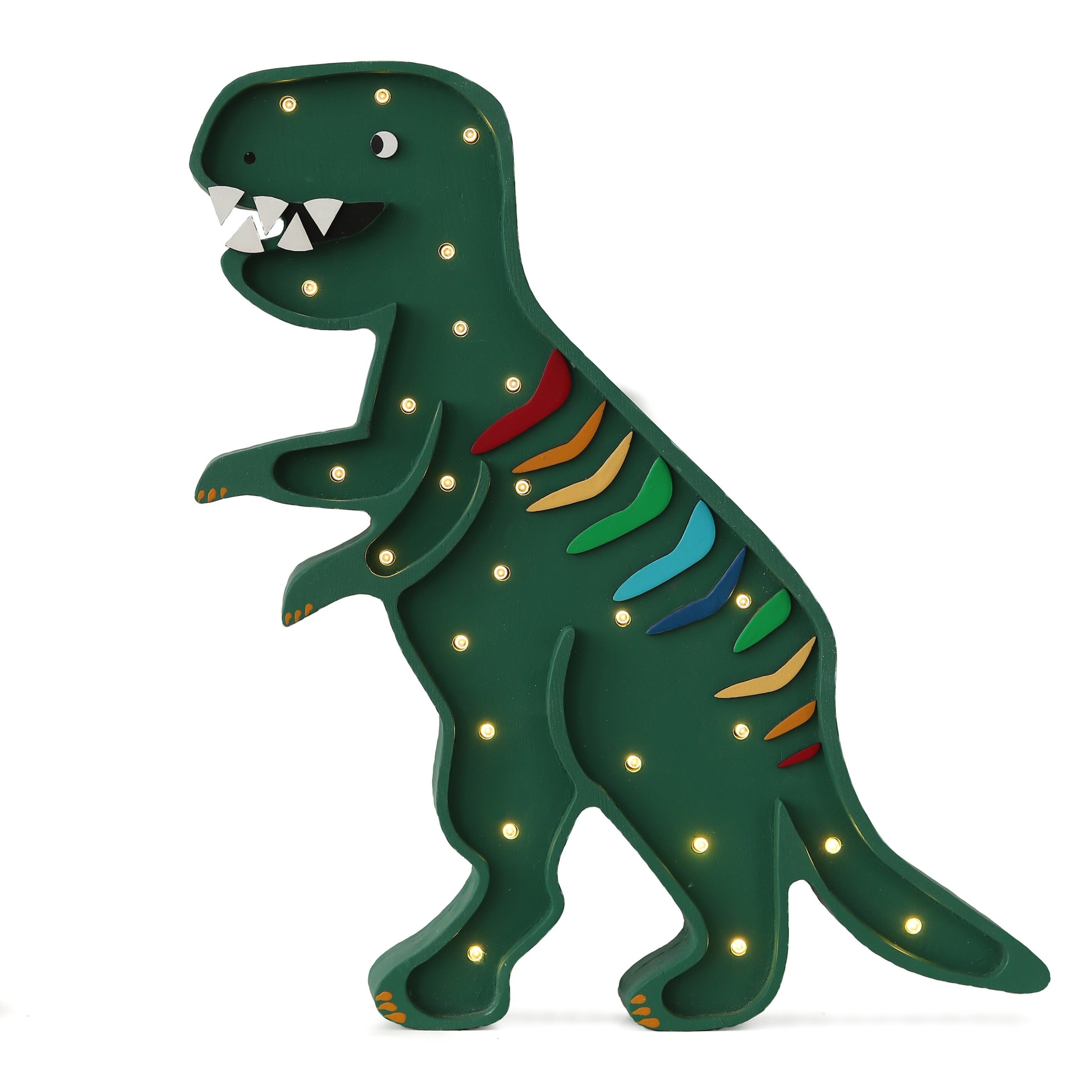 Little Lights T-Rex Dinosaur Lamp in Rainbow Green, handmade wooden dimmable LED lamp with remote control.