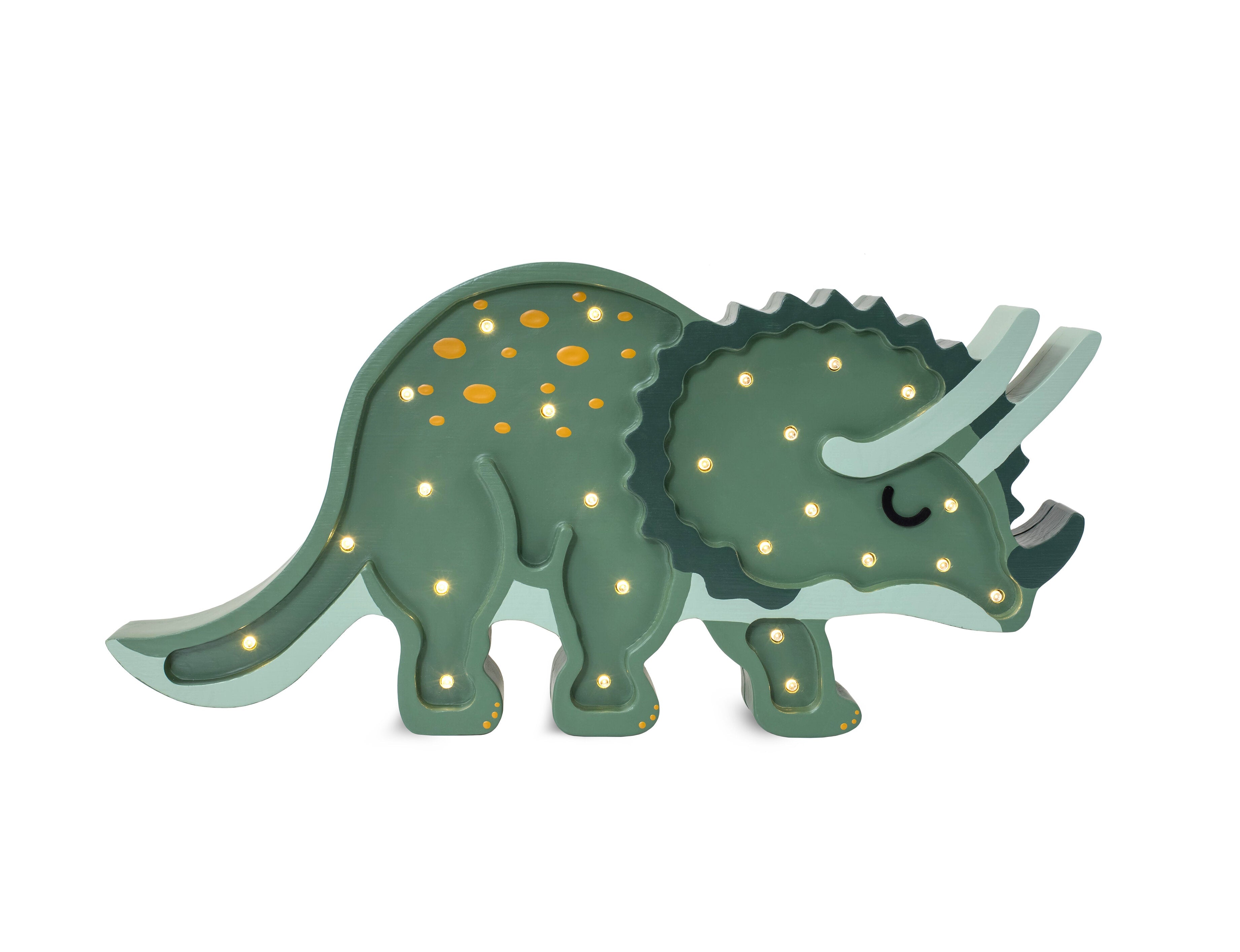 Little Lights Military Green Triceratops Lamp, handmade wooden dimmable LED nursery lamp