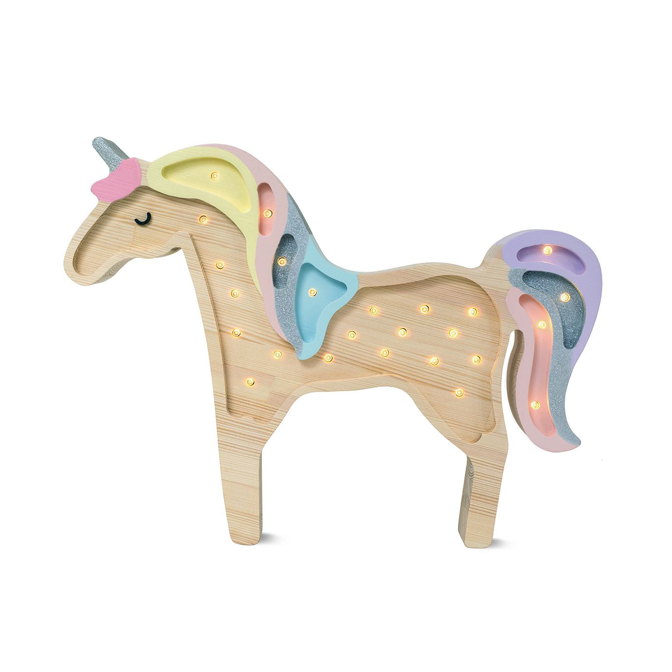 Little Lights Unicorn Lamp in Rainbow Wood, handmade wooden dimmable LED girls room décor