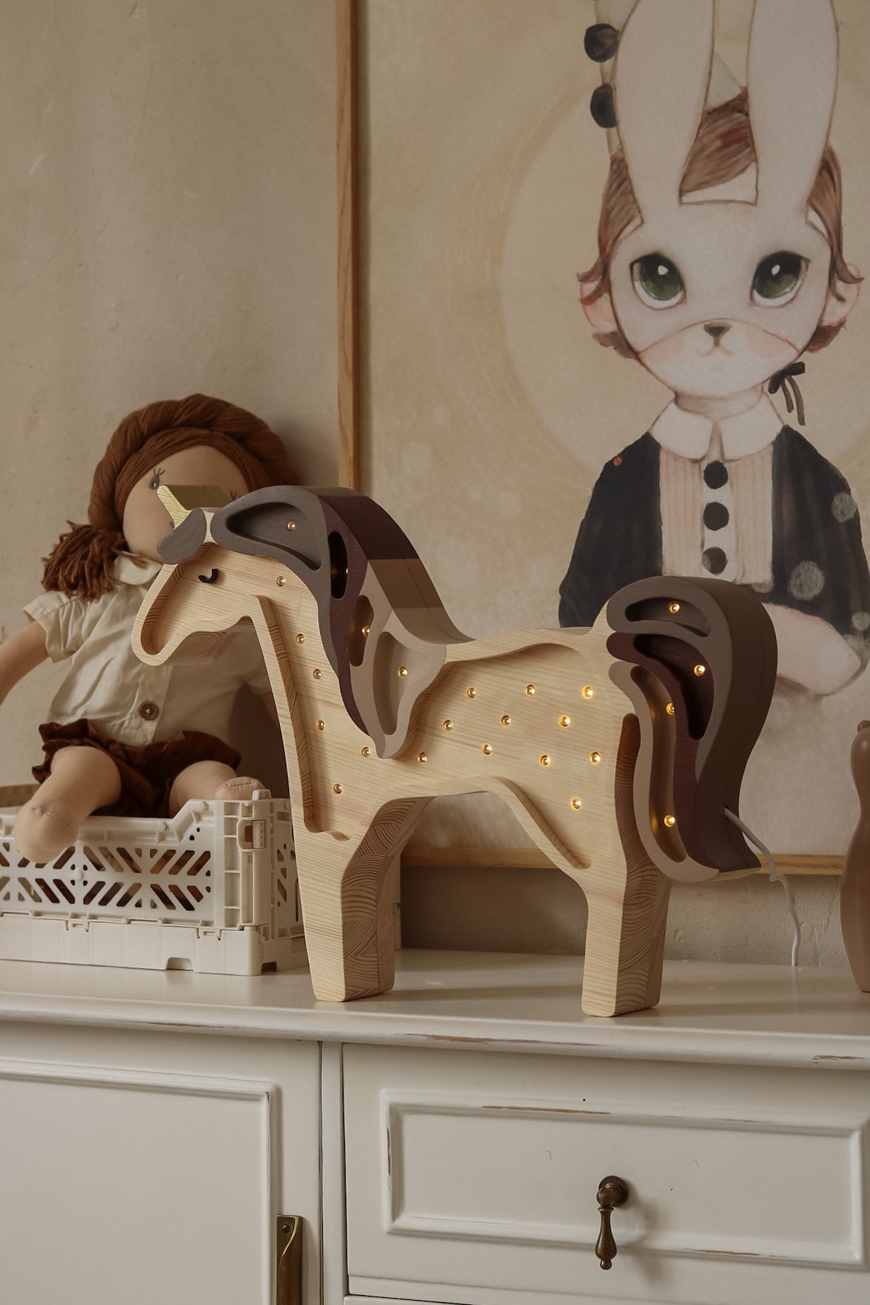 Handmade wooden unicorn night light in Cappuccino Wood, dimmable LED nursery décor