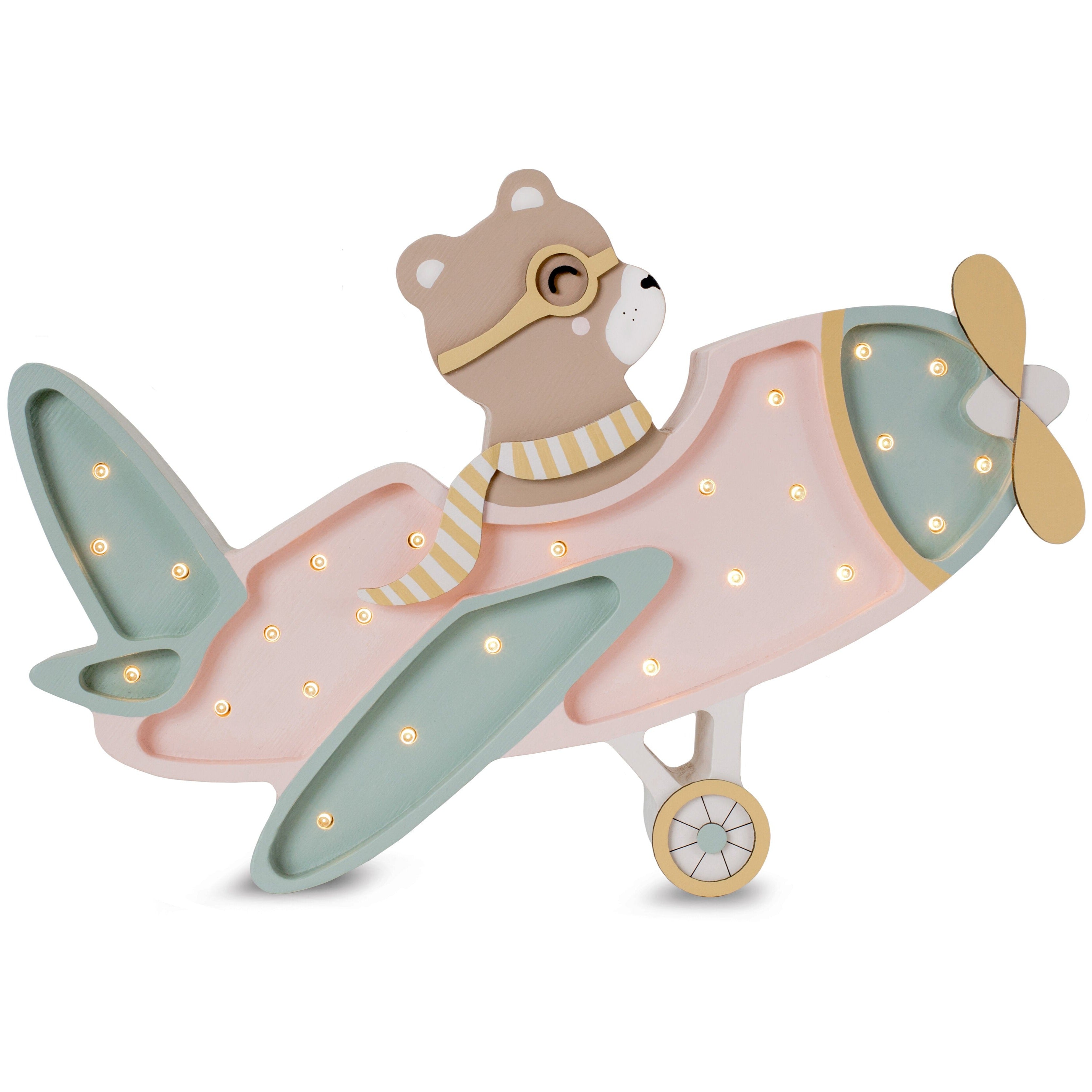 Little Lights Vintage Airplane Lamp in Candy Sweet with bear pilot, handmade wooden dimmable LED light