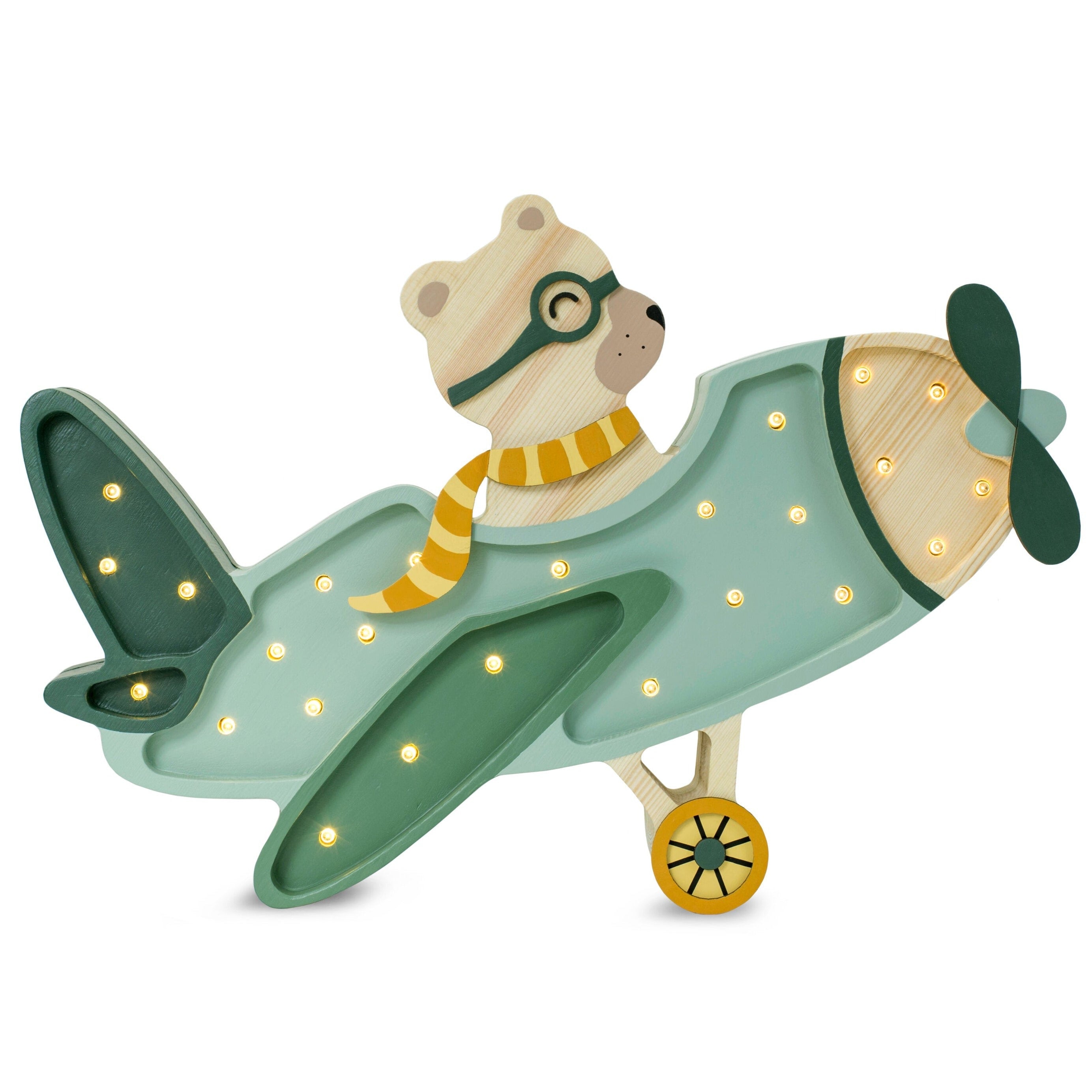 Little Lights Vintage Airplane Lamp in Khaki Pastel with bear pilot, handmade wooden dimmable LED