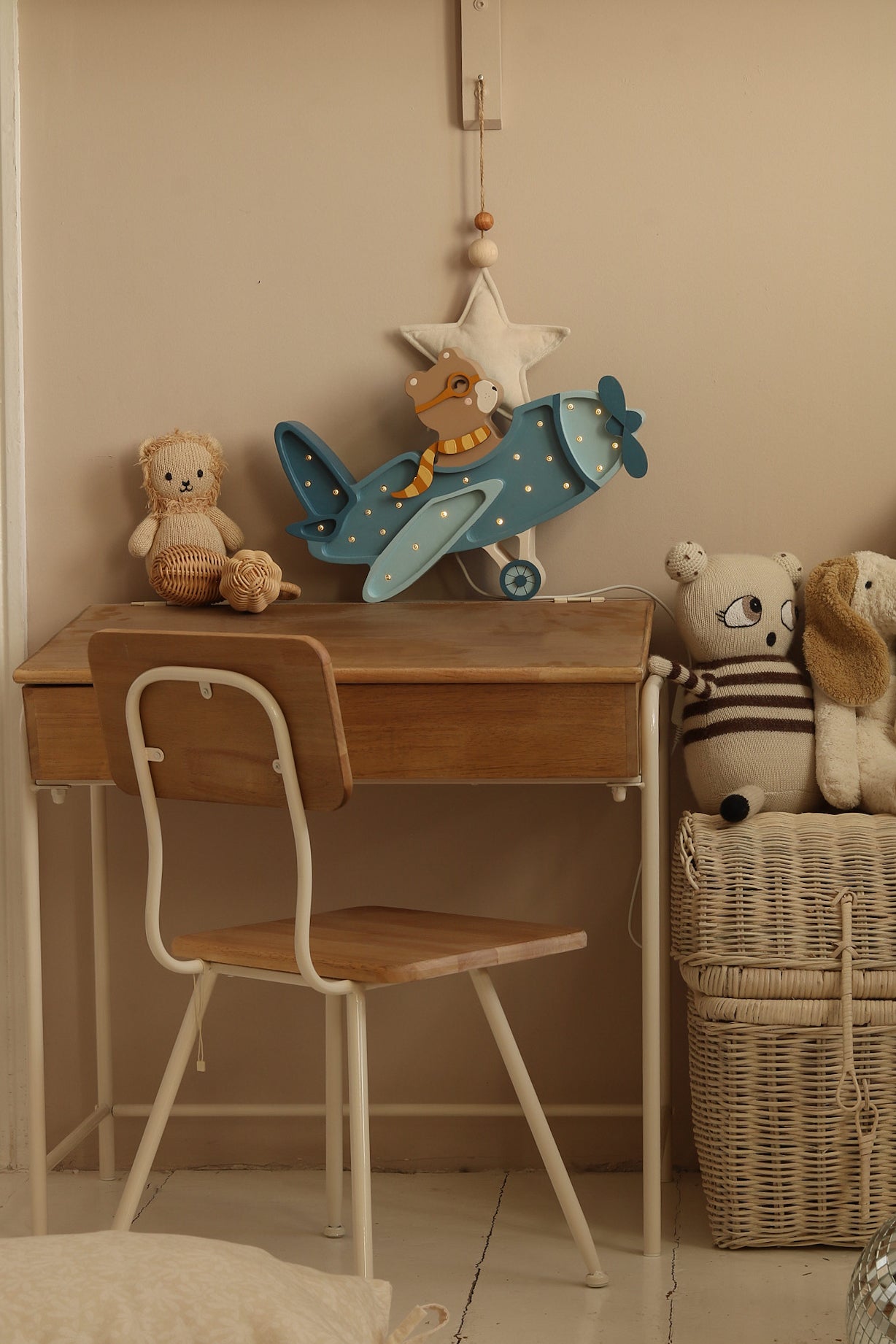 Cozy Denim Blue airplane lamp featuring a bear pilot, handmade wooden nursery gift
