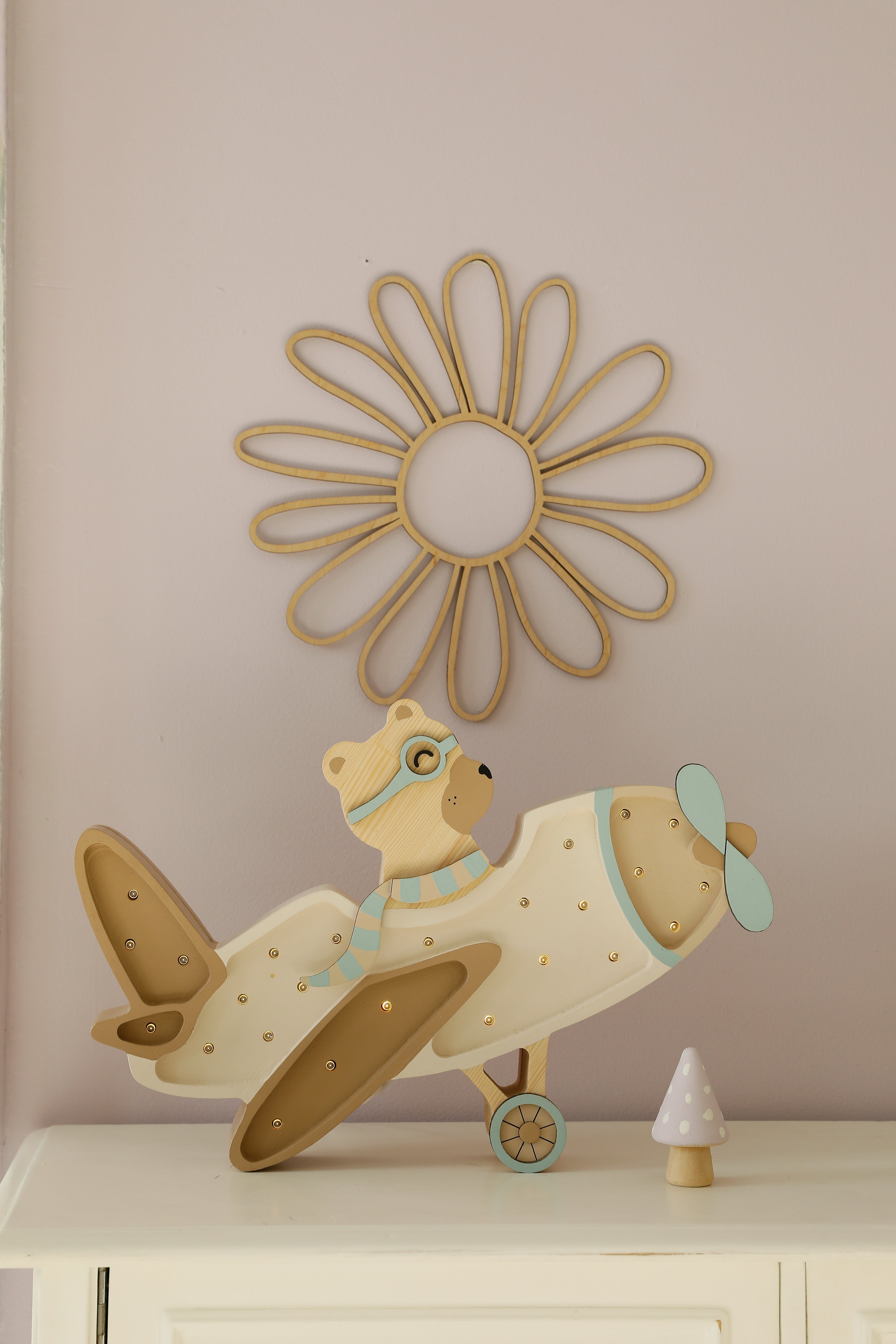 Wooden Vanilla Sky airplane nursery lamp with bear pilot, cozy dimmable LED baby décor