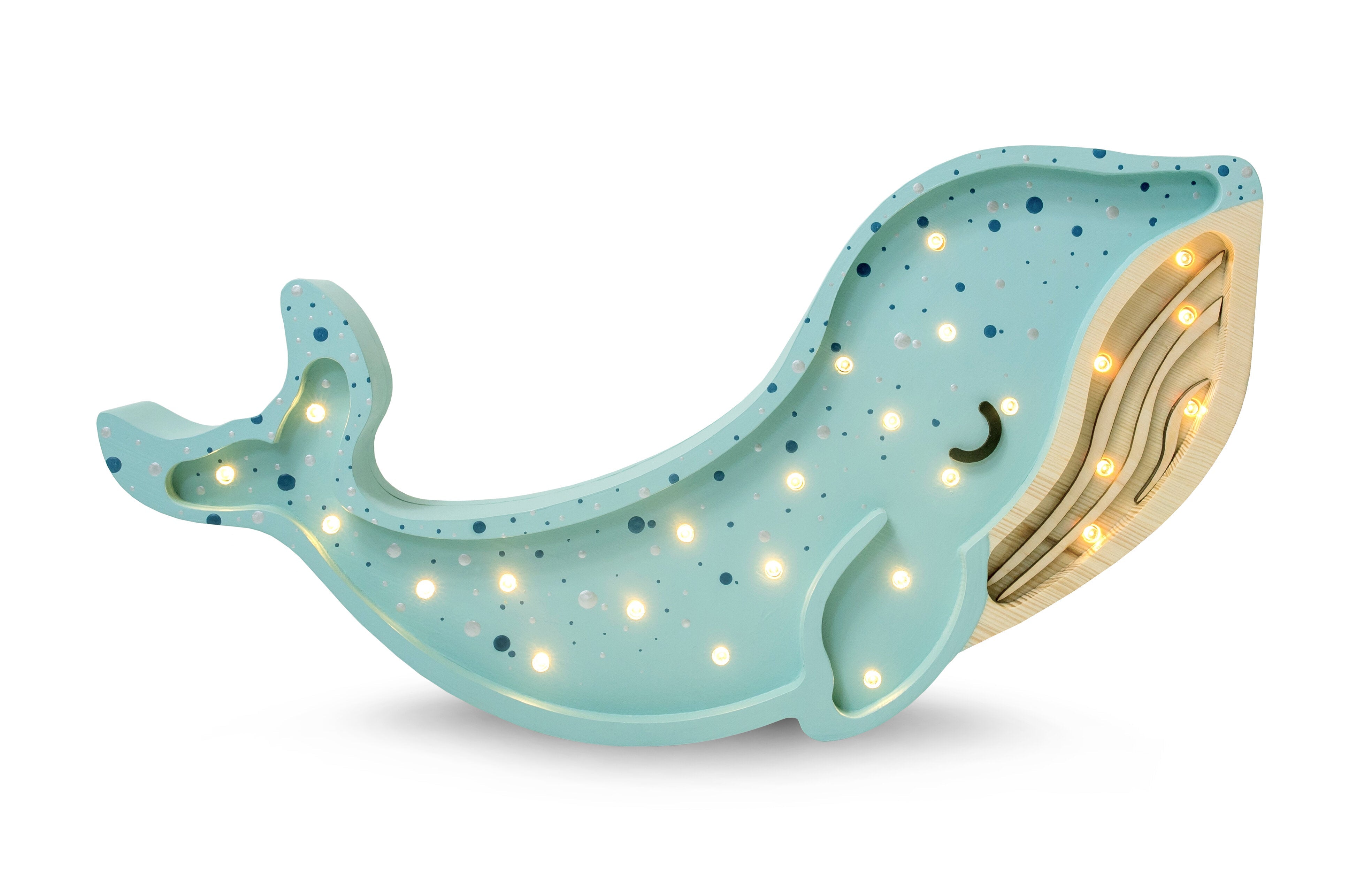 Handmade wooden Whale Lamp in Lagoon Waves with dimmable LED and remote, perfect nursery gift