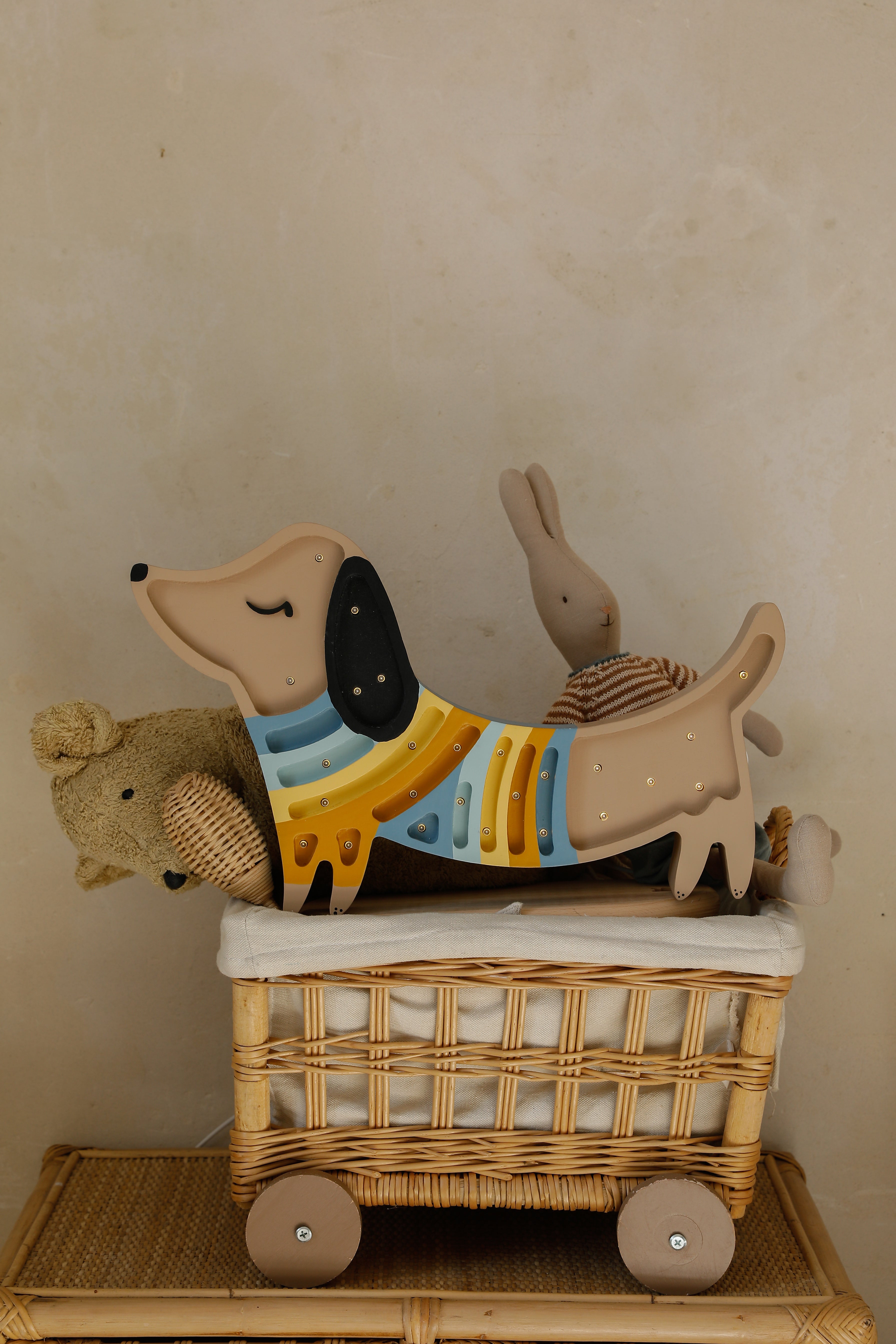 Retro Brown Puppy Lamp by Little Lights, wooden dimmable LED nightlight with remote for kids’ rooms