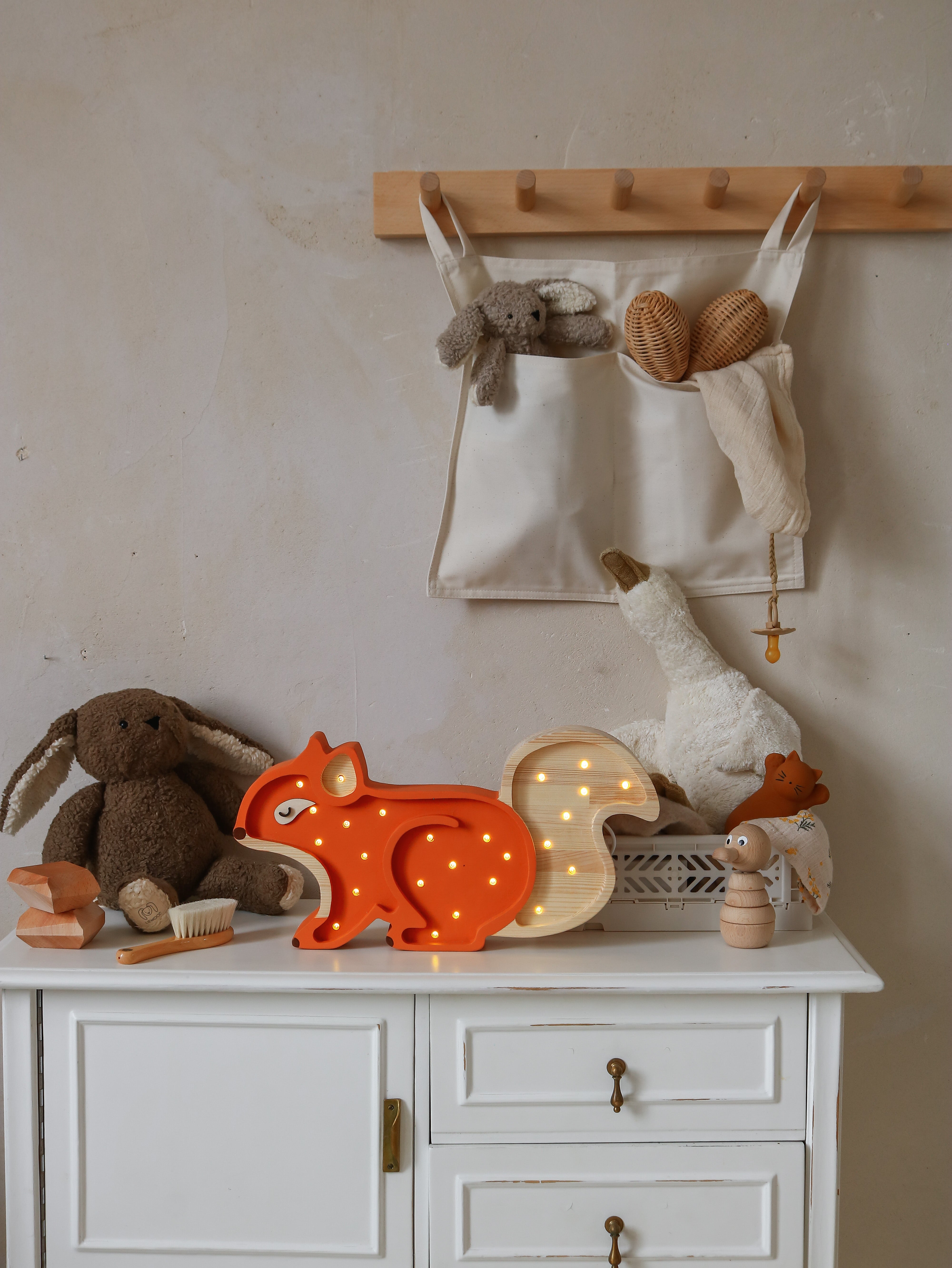 Little Lights Ginger Wood Squirrel Lamp, handcrafted wooden dimmable LED lamp with remote