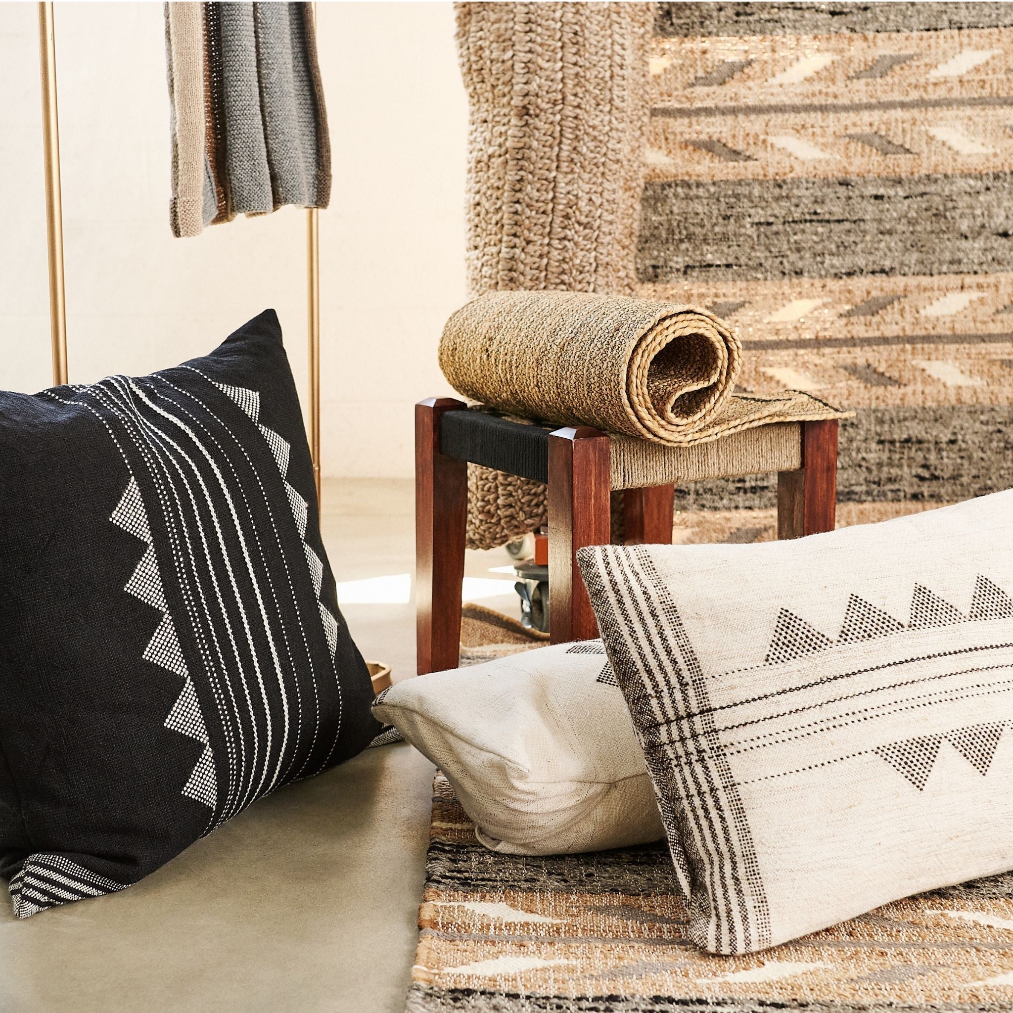 Kora White And Black Handloom Lumbar Pillow