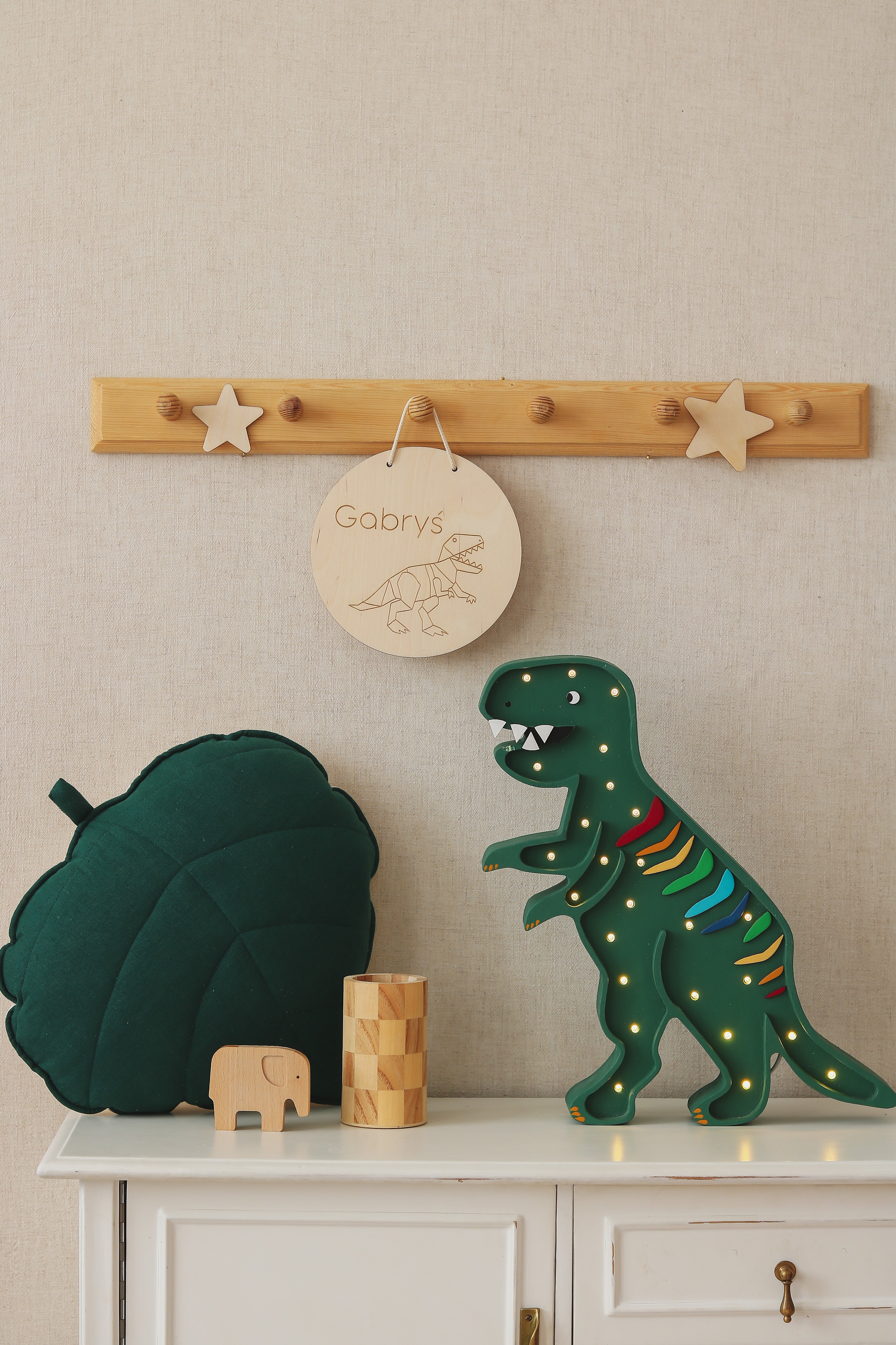 Little Lights Rainbow Green T-Rex Lamp, wooden handmade LED lamp with dimmer and remote
