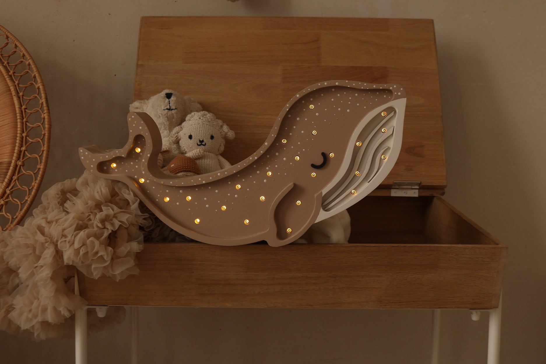 Little Lights Whale Lamp in warm Cinnamon Brown, wooden LED night light for kids