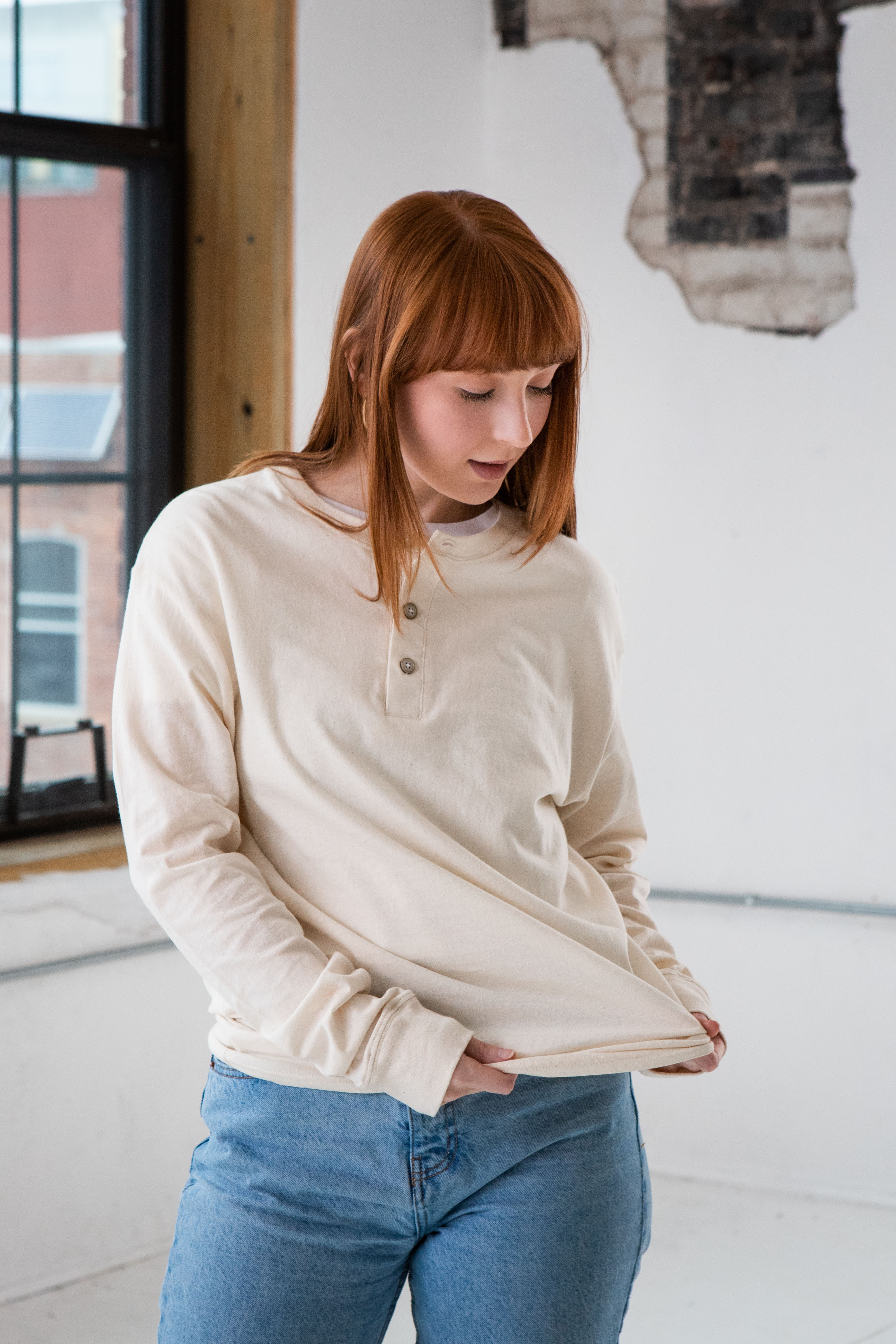 Unisex Long Sleeve Eco Cotton Henley (Ivory)