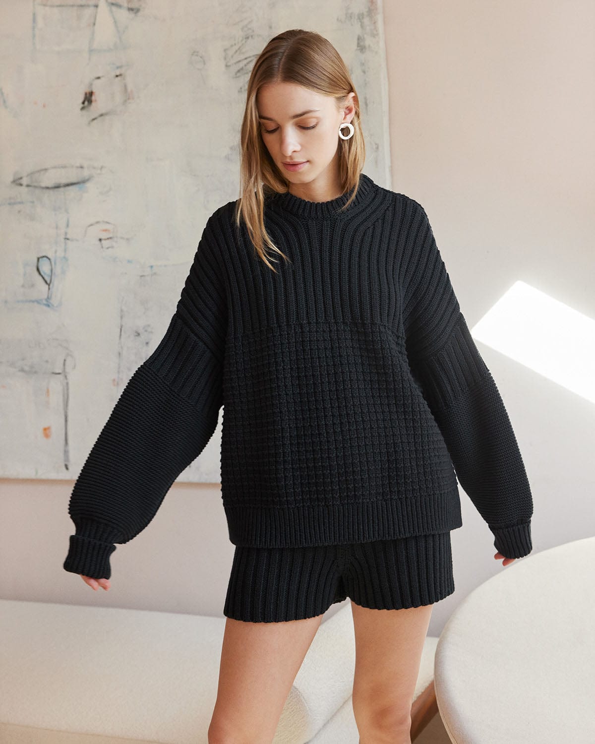 Delčia Cotton Sweater & Shorts Set (Black)