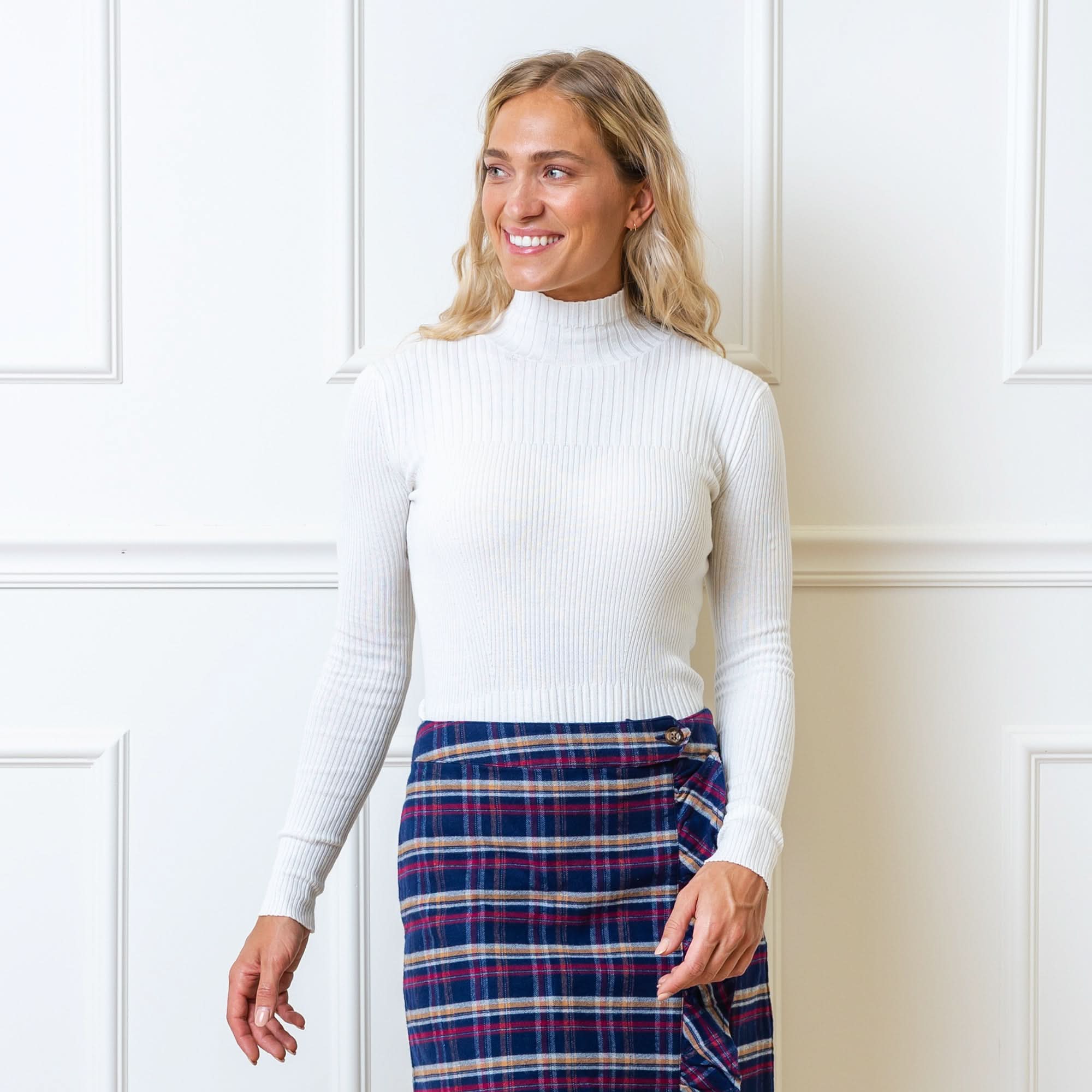 Mock Neck Rib Knit Sweater (Soft White)