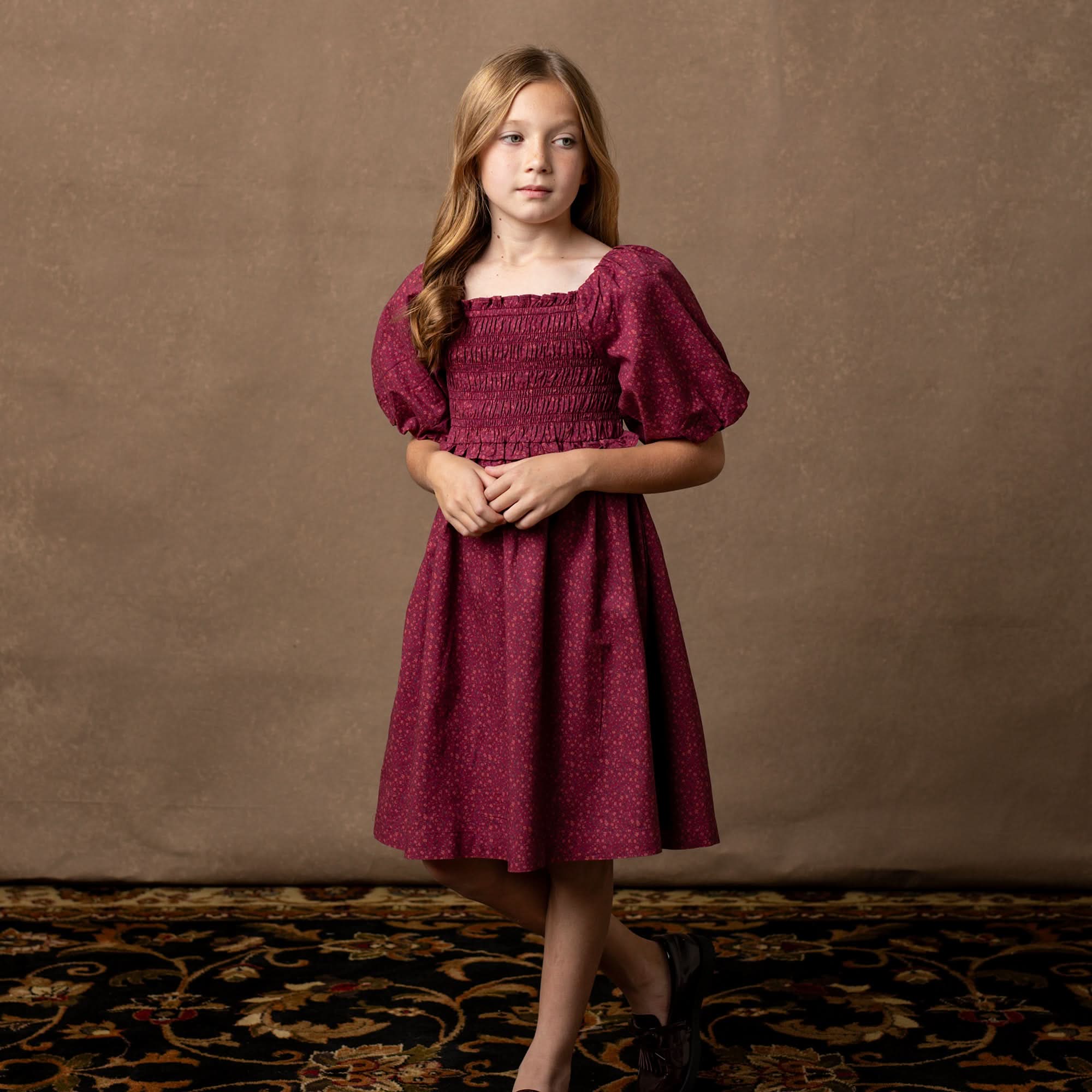Smocked Bubble Sleeve Dress (Berry)