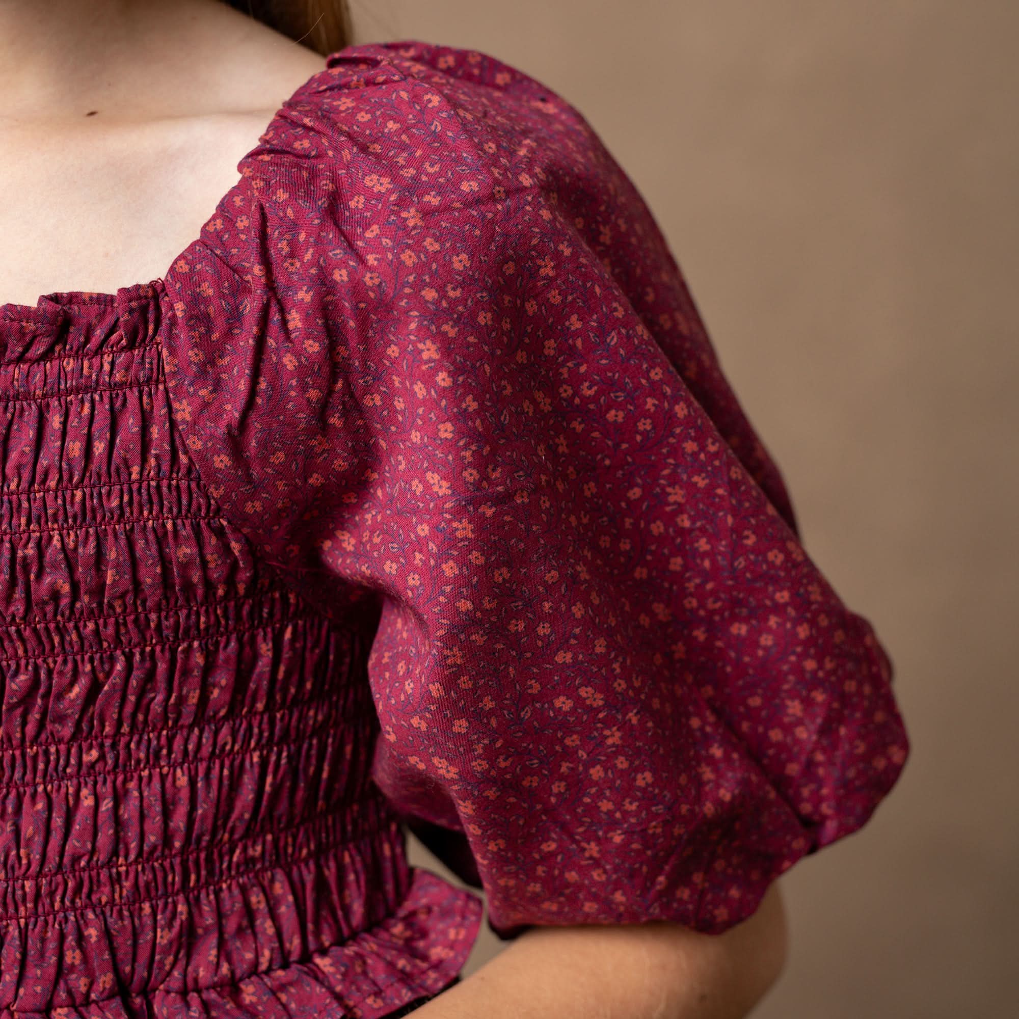 Smocked Bubble Sleeve Dress (Berry)