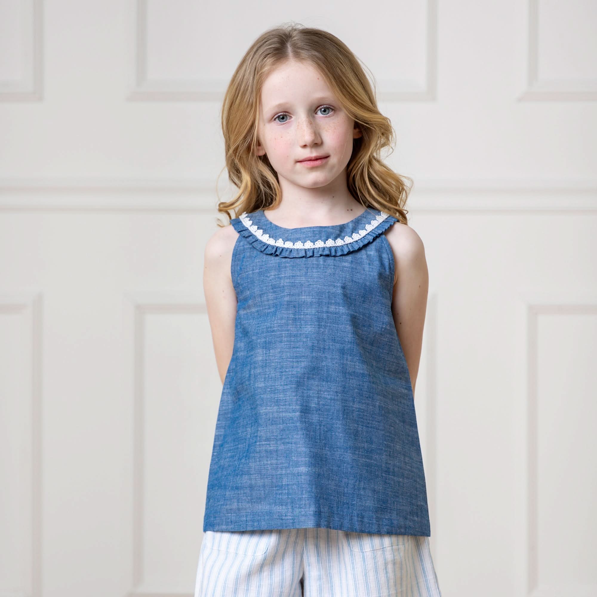 Ruffle Collar Chambray Top (2T-12)
