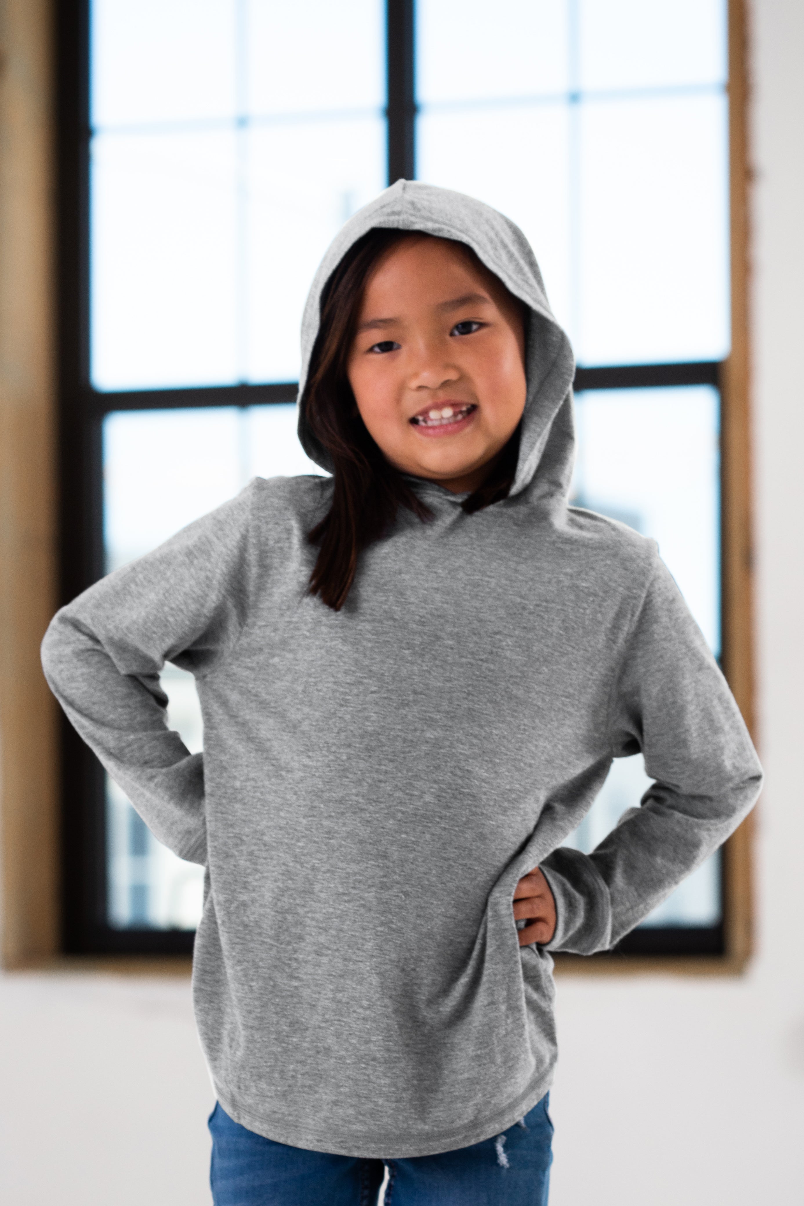 Youth Hooded Long Sleeve Triblend Tee (Heather Grey)