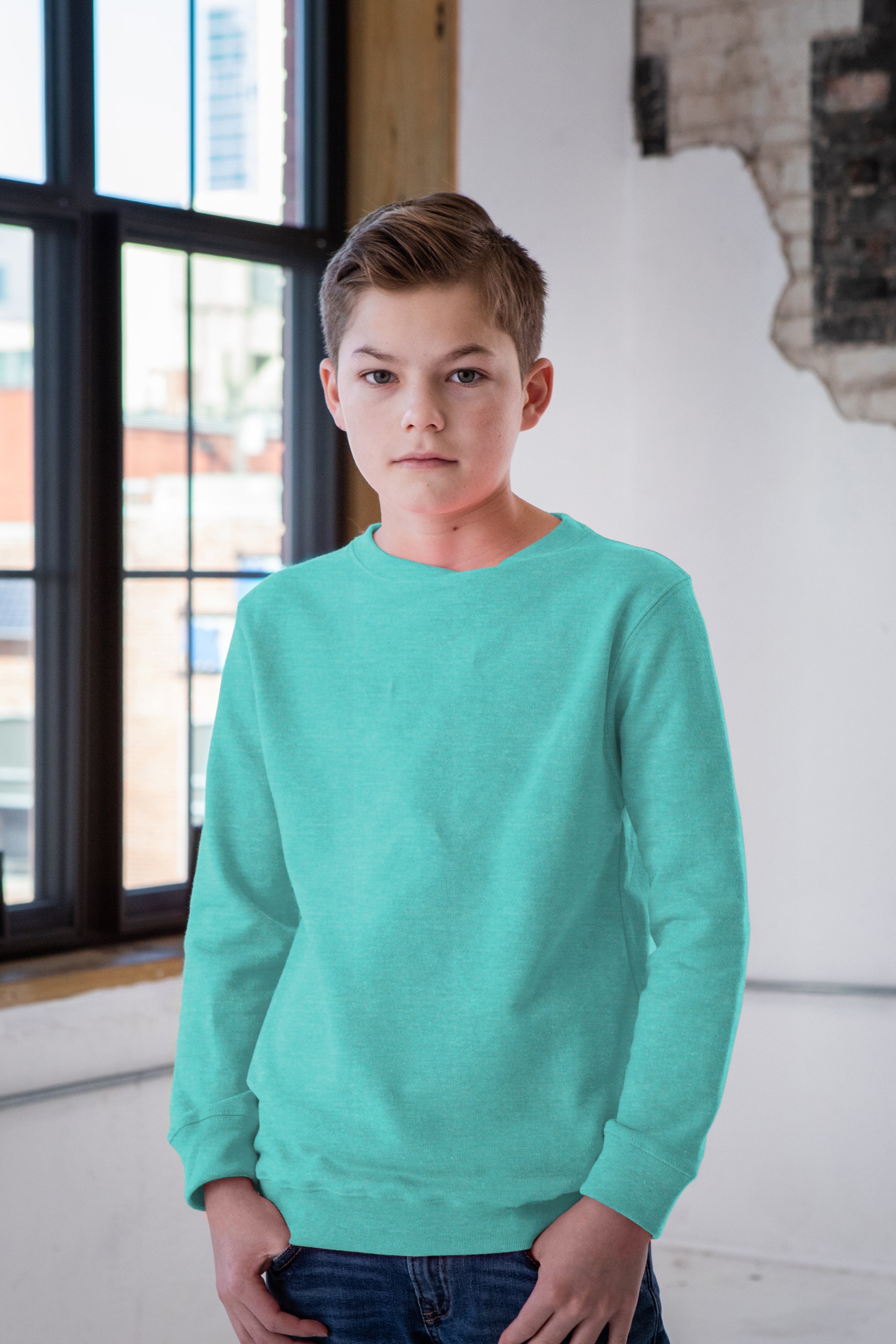 Youth Heathered Fleece Crew (Teal)