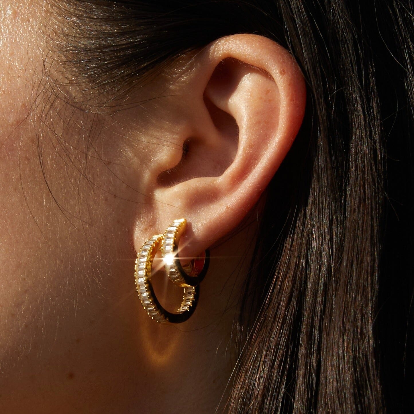 Lab Grown White Sapphire Baguette Huggie Earrings