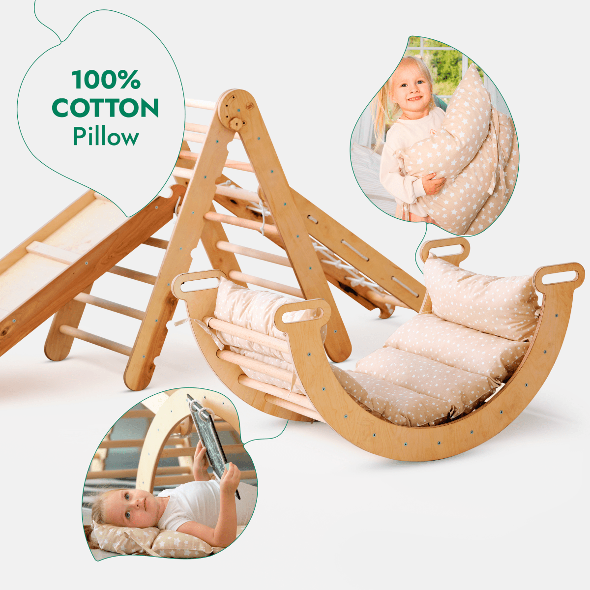 5in1 Montessori Climbing Set: Triangle Ladder + Arch/Rocker + Slide Board/Ramp + Netting rope + Cushion - Goodevas
