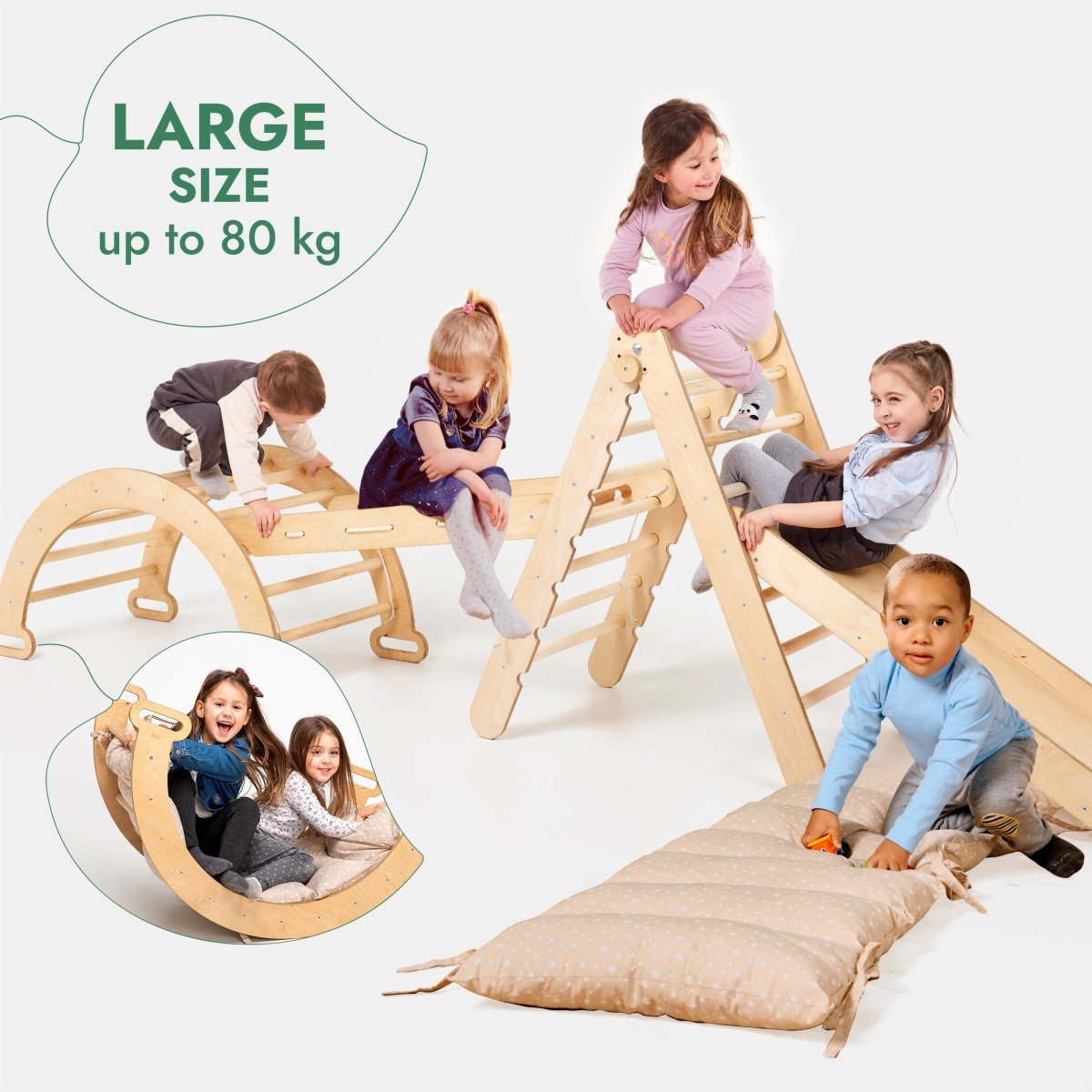 5in1 Montessori Climbing Set: Triangle Ladder + Arch/Rocker + Slide Board/Ramp + Netting rope + Cushion - Goodevas
