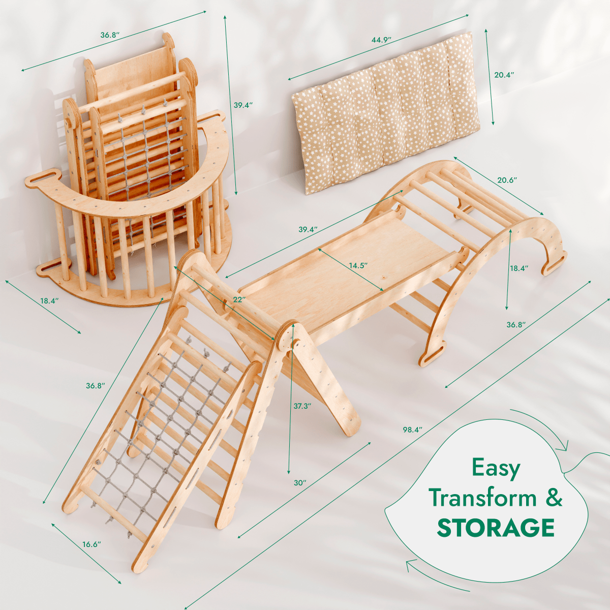 5in1 Montessori Climbing Set: Triangle Ladder + Arch/Rocker + Slide Board/Ramp + Netting rope + Cushion - Goodevas