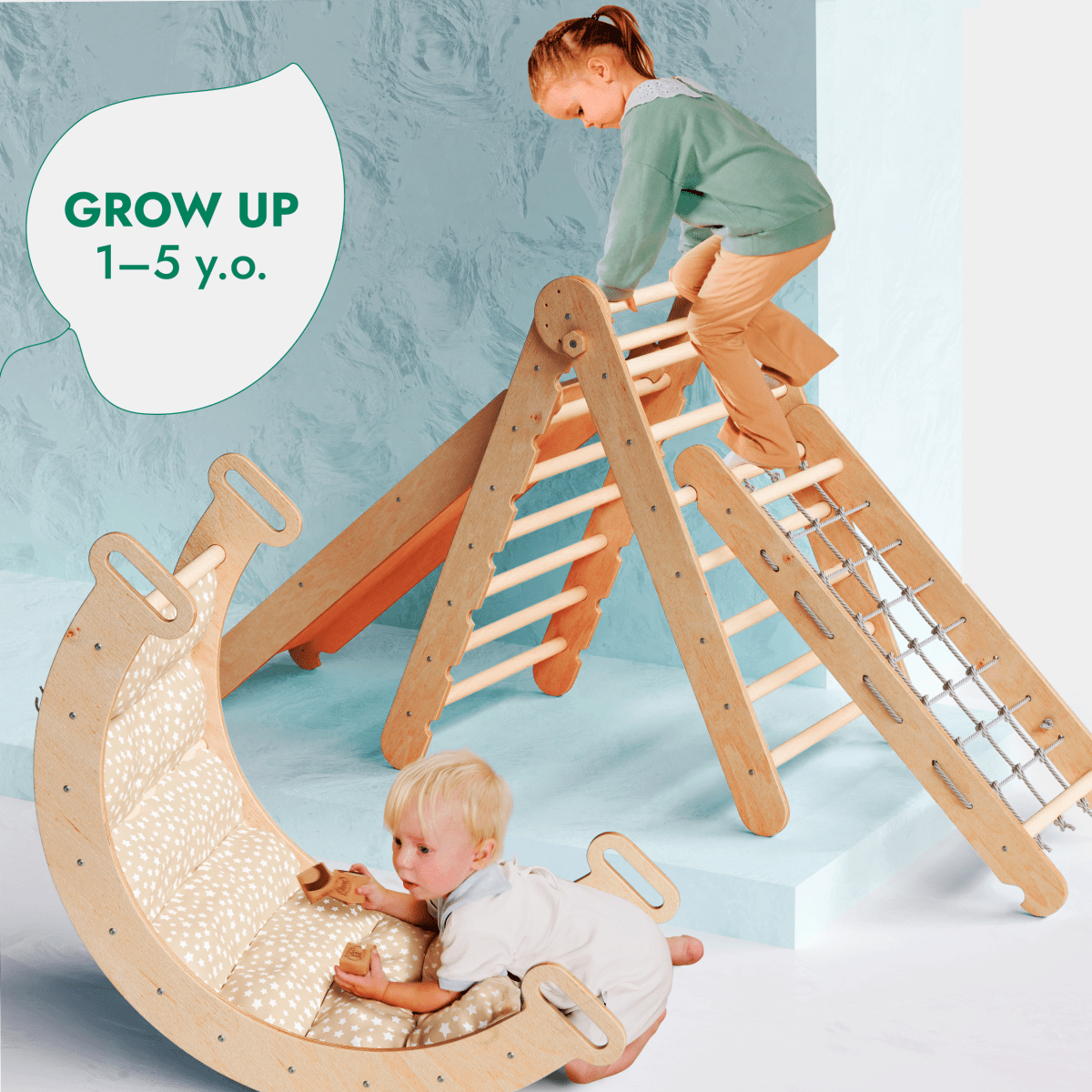 5in1 Montessori Climbing Set: Triangle Ladder + Arch/Rocker + Slide Board/Ramp + Netting rope + Cushion - Goodevas