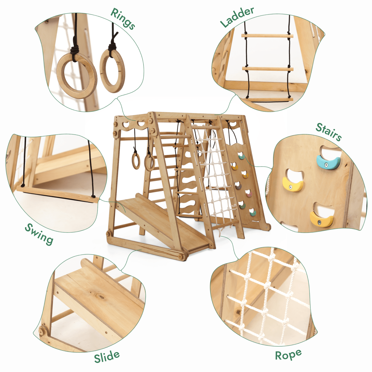 6in1 Indoor Jungle Gym for childrens: Playground + Swings Set + Slide Board + Rope + Stairs - Goodevas