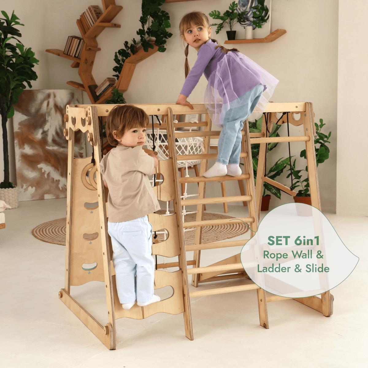 6in1 Indoor Jungle Gym for childrens: Playground + Swings Set + Slide Board + Rope + Stairs - Goodevas